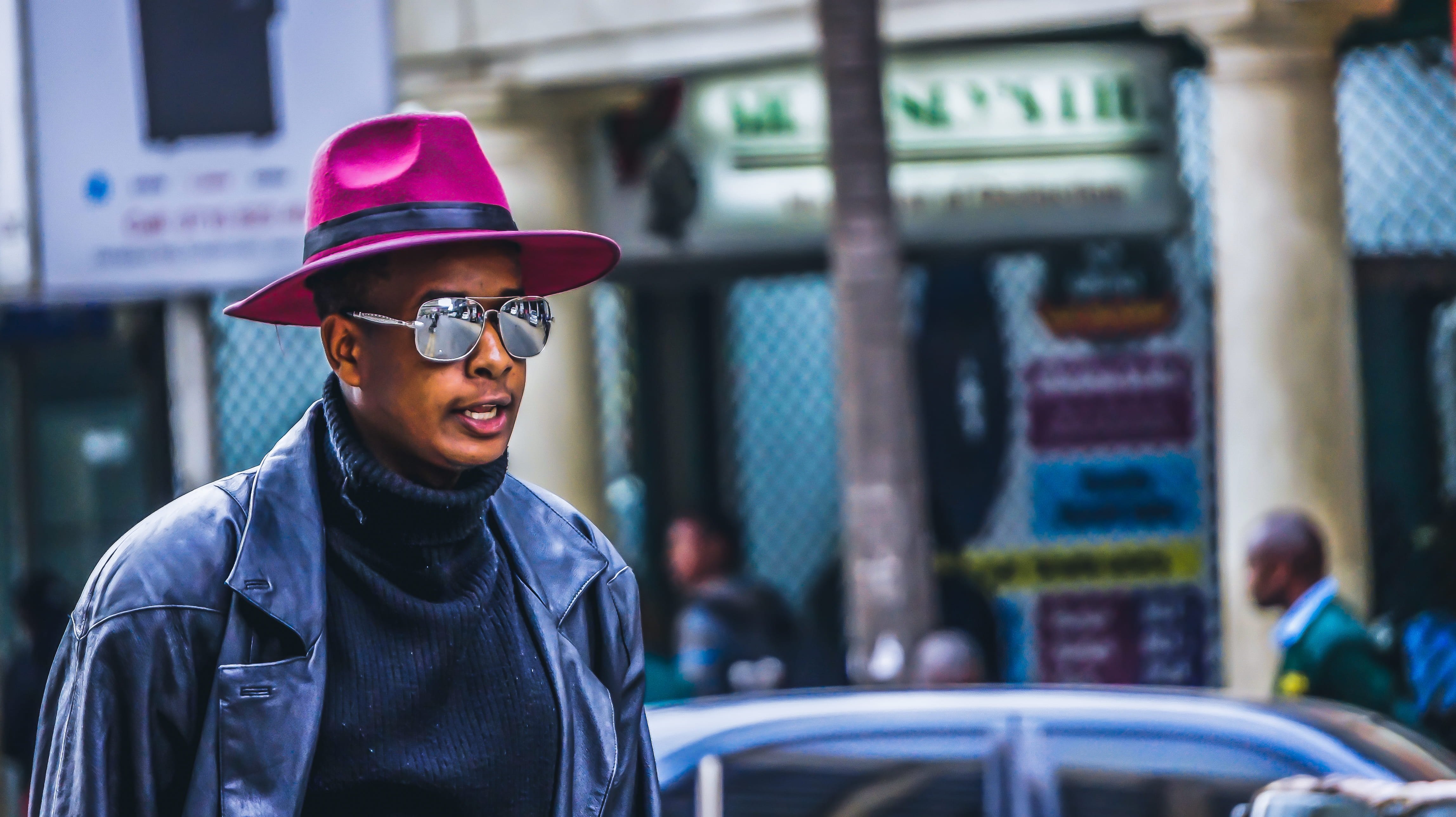 black, leather, people, happiness, clothing, men, young adult, outdoorchallenge, wearing, focus on foreground, young men, fashionable, 4K, jacket, glasses, HD Wallpaper