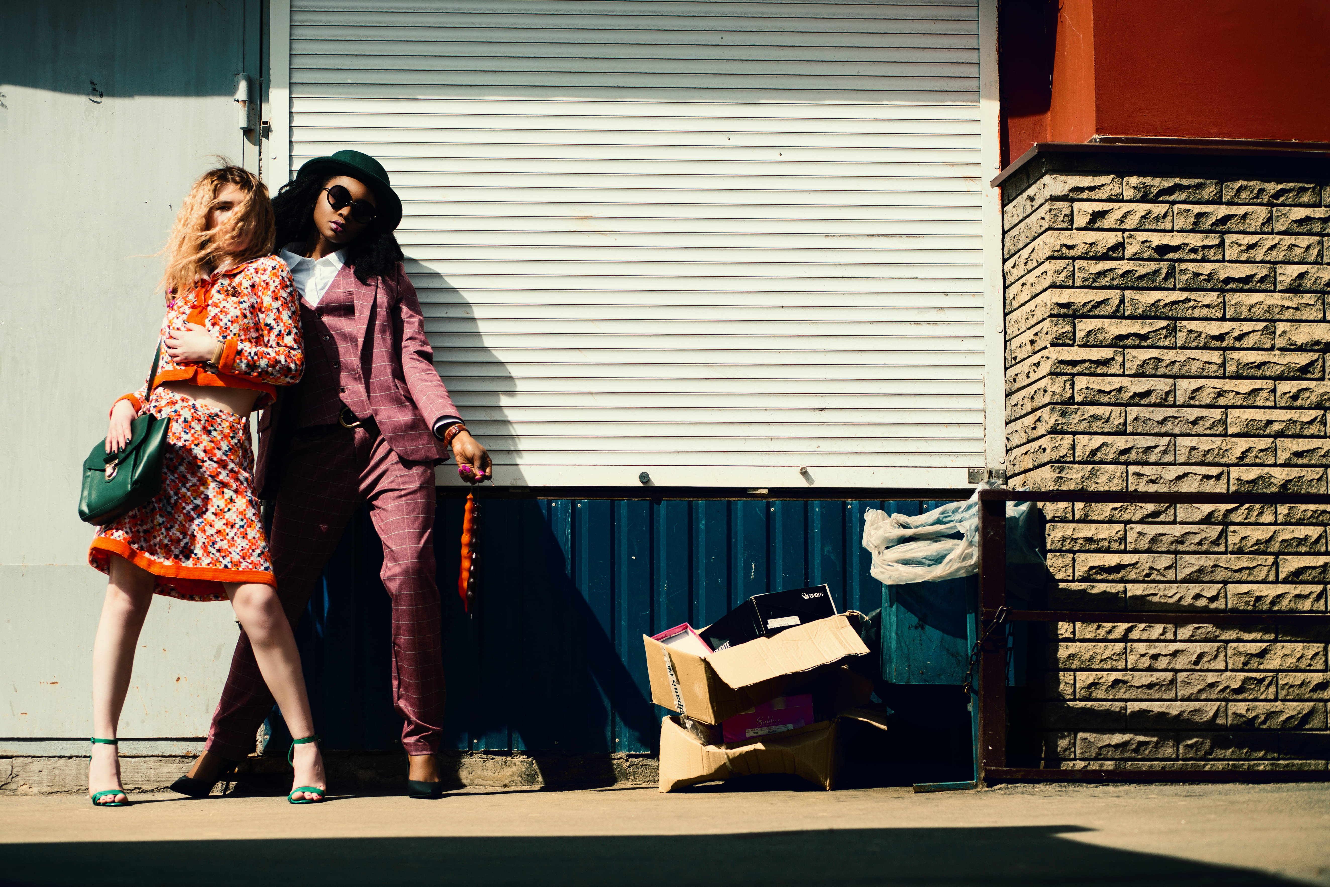 building exterior, two people, footpath, wall - building feature, blazer, standing, young women, street, lifestyles, female, young adult, 5K, models, built structure, HD Wallpaper
