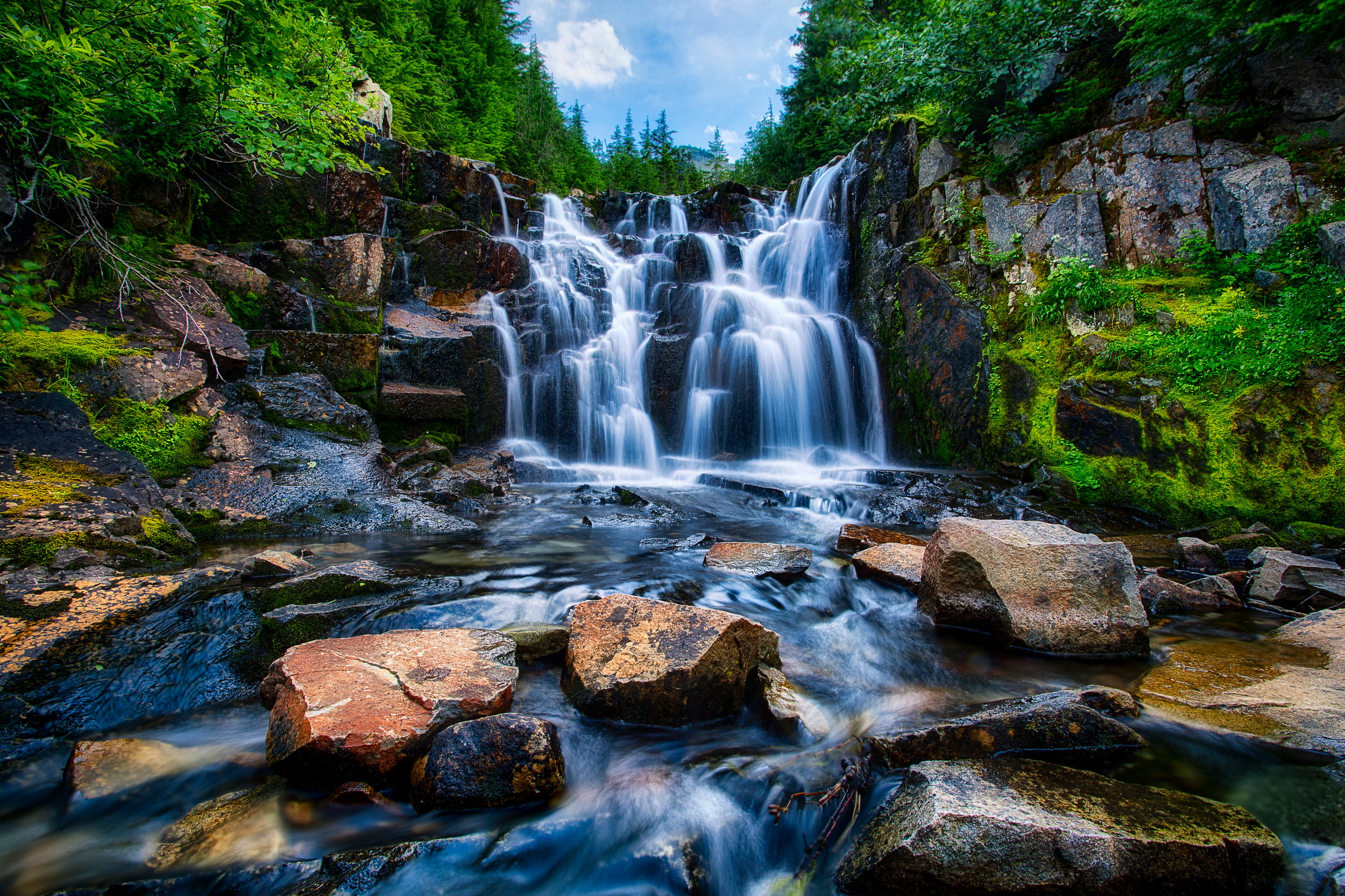 springtime, trees, scenics, painting, scenics - nature, woodland, mountain, falling, wet, waterfall, summer, nature, motion, travel, thailand, Mount Rainier, HD Wallpaper