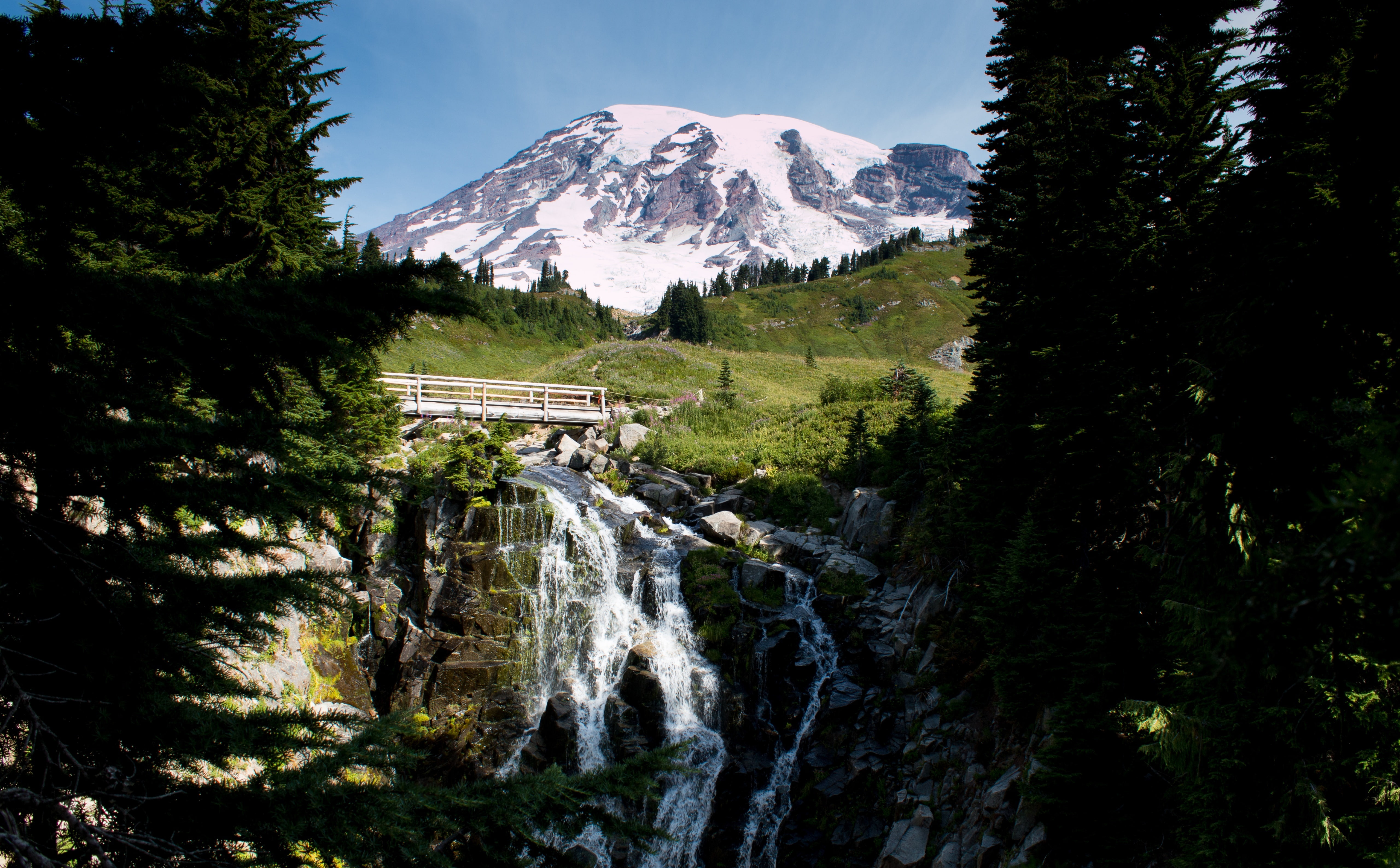 5K, built structure, snow, Waterfall, Rainier, scenics - nature, land, Mountain, environment, non-urban scene, plant, tree, outdoors, water, mt, beauty in nature, HD Wallpaper