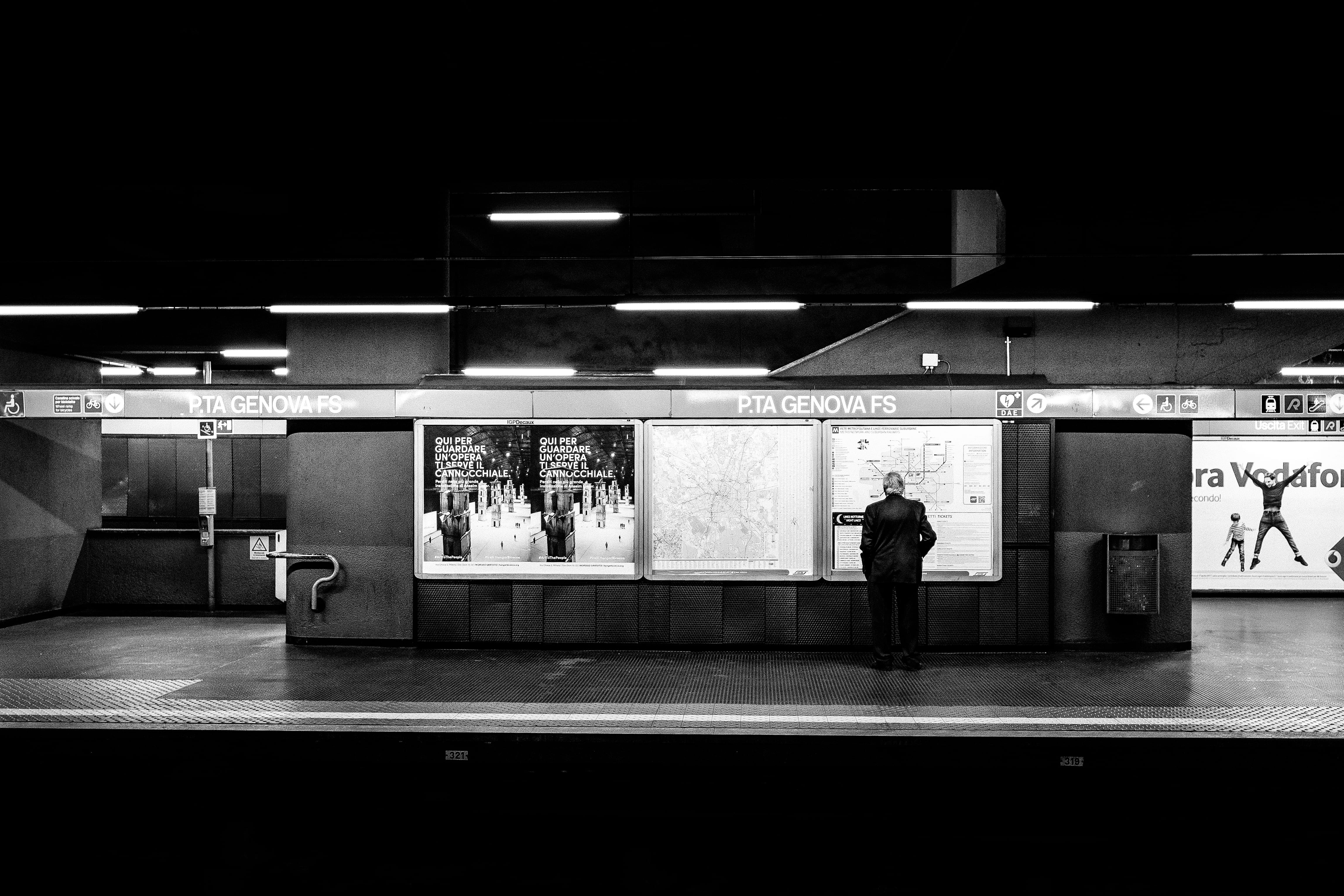 metro, empty, 4K, transport, architecture, light, europe, indoors, subway, black and white, male, track, built structure, advertising, transportation, HD Wallpaper