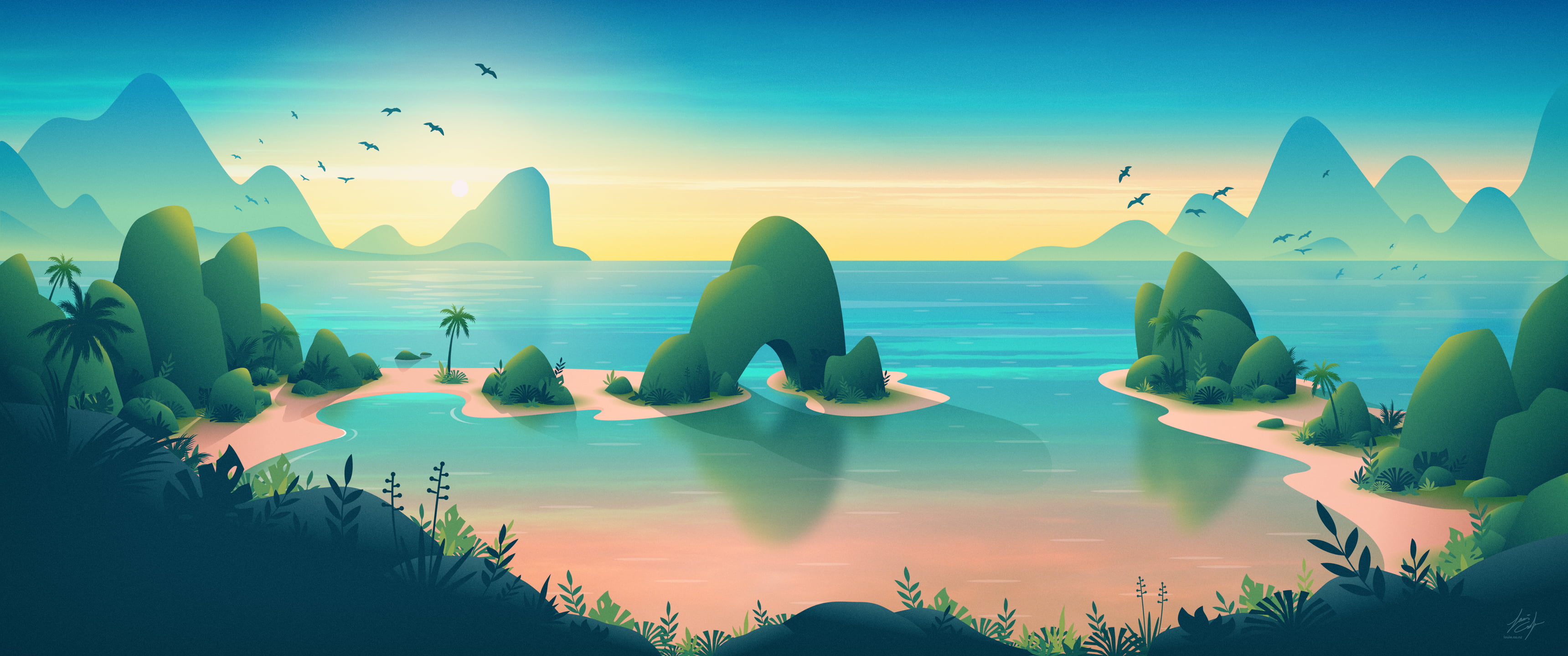 palm trees, sea gulls, 2K, birds, mountains, gradient, beach, ultra-wide, illustration, fantasy art, tropic island, sea, island, digital art, tropical, HD Wallpaper
