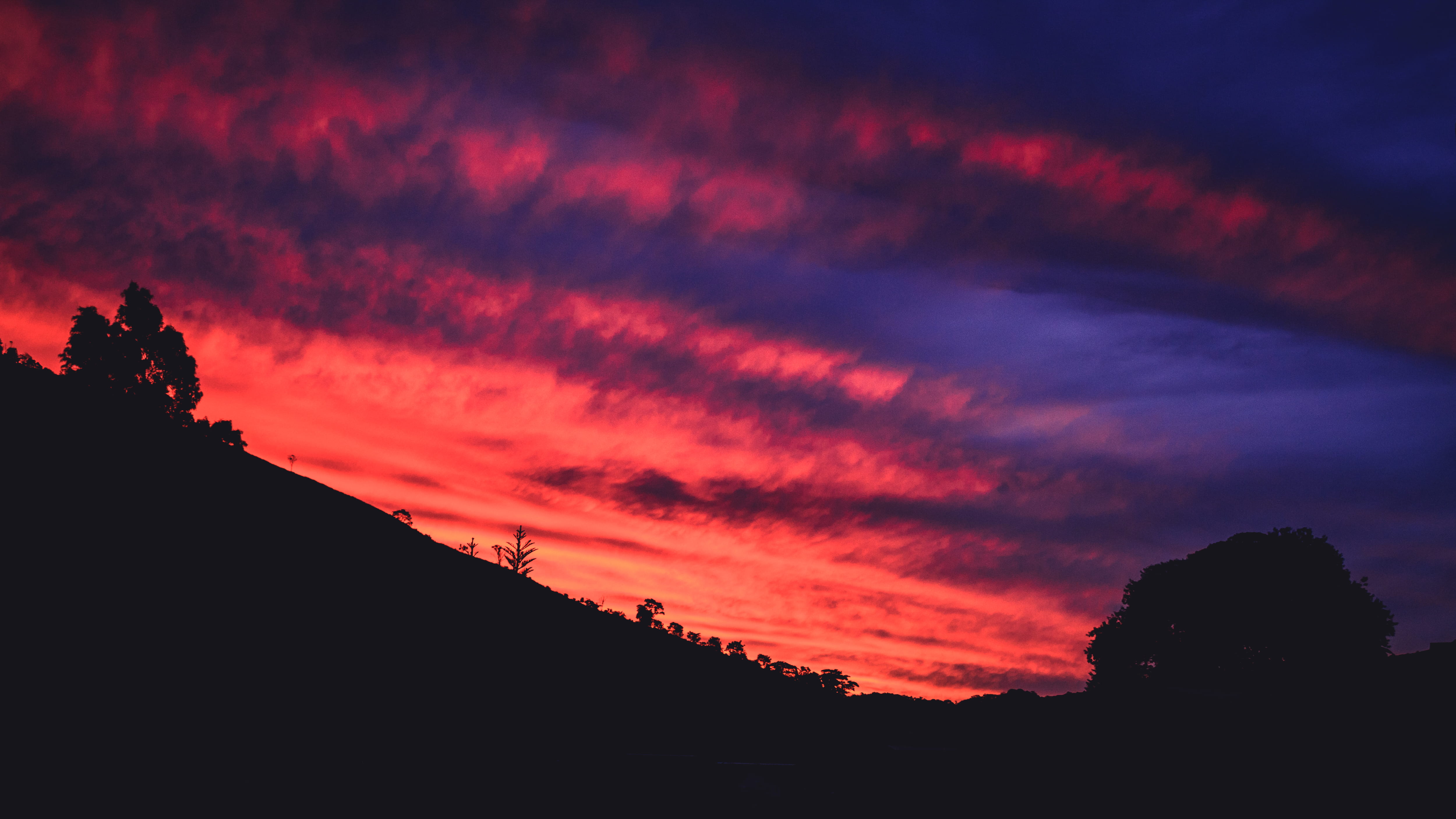 skyporn, no people, non-urban scene, scenics - nature, fire, outdoors, idyllic, silhouette, sky, orange color, red, tree, clows, cloud - sky, awe, colorful, HD Wallpaper