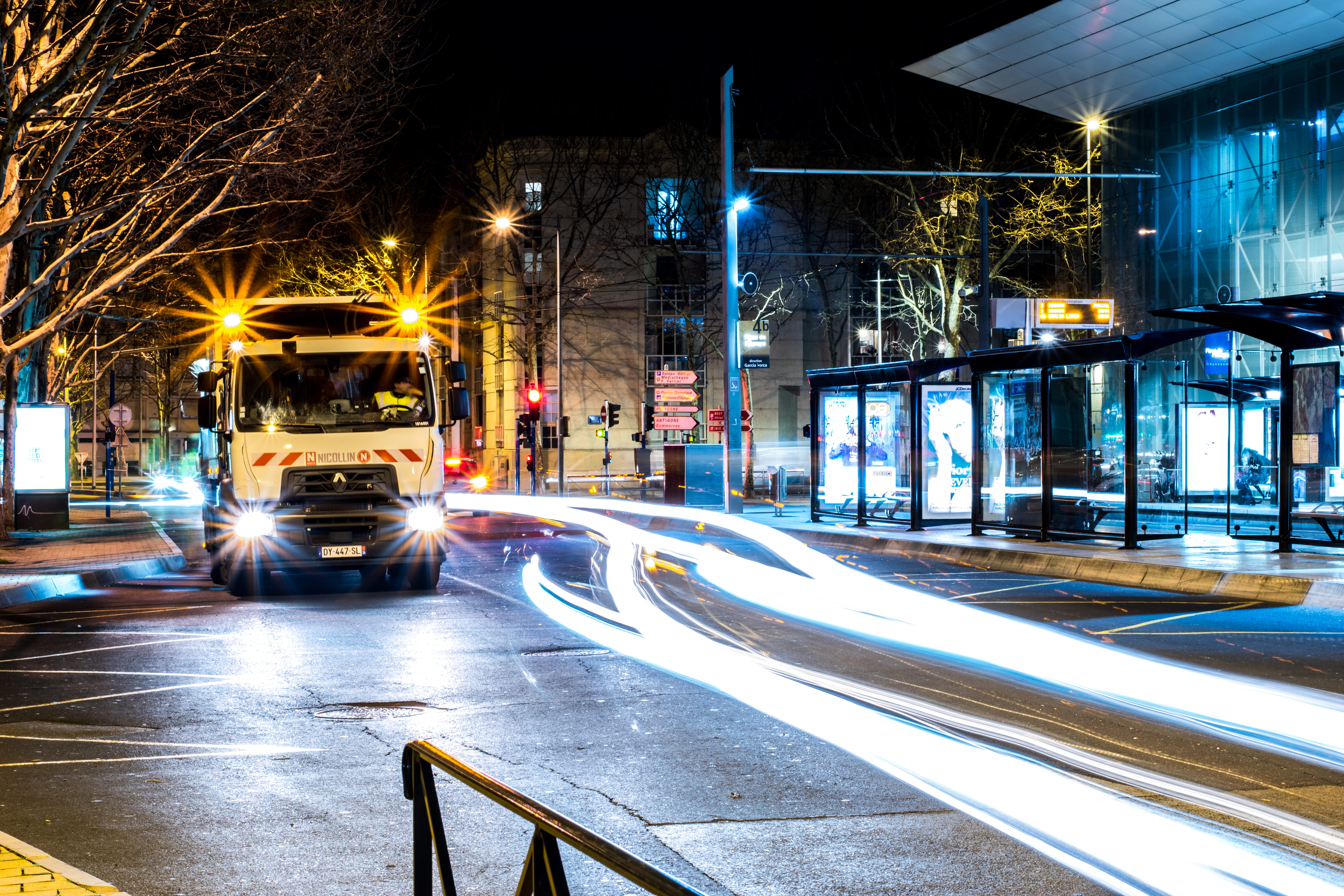 transportation, land vehicle, 5K, outdoors, building exterior, architecture, mode of transportation, road, street, speed, bus, light trail, illuminated, HD Wallpaper