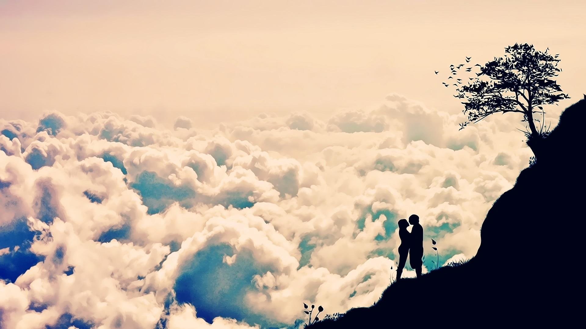coupe, love, couple, background, white, silhouette, tree, 1080P, facing, 3d and abstract, woman, clouds, mountain, photo, HD Wallpaper