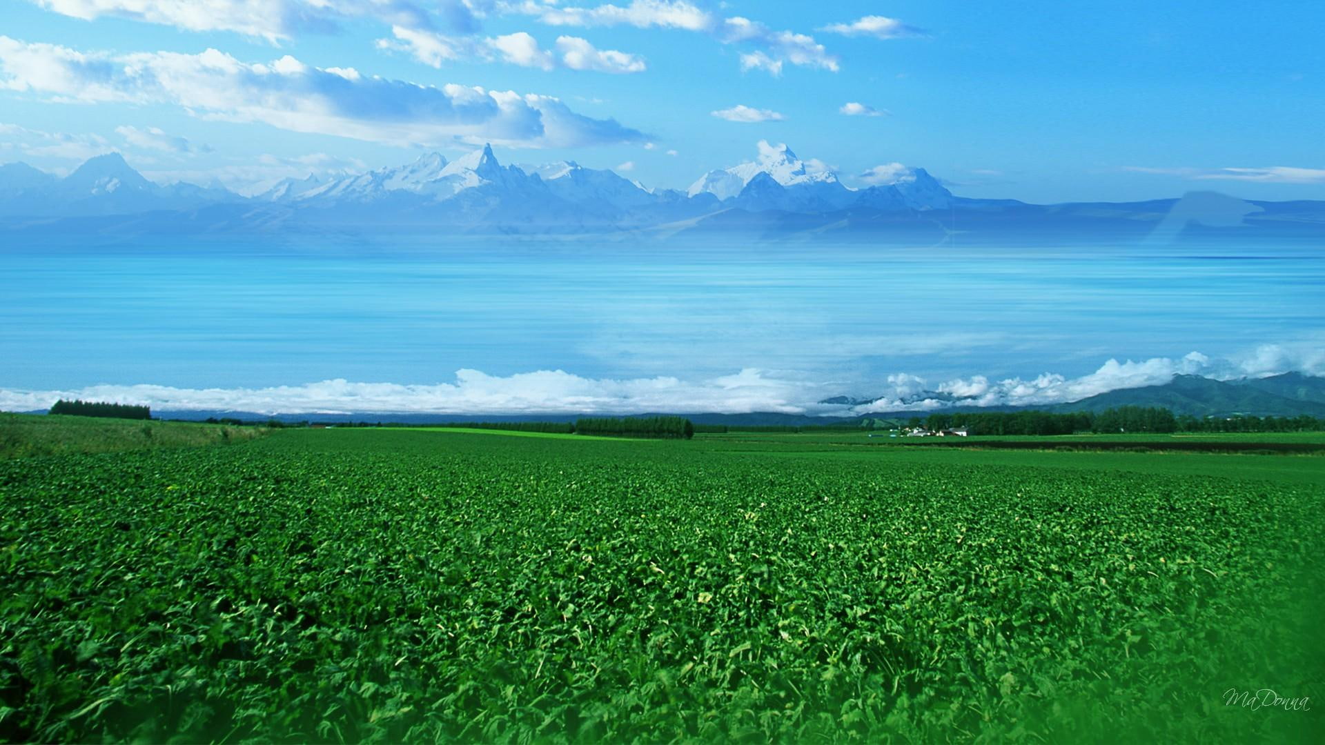 1080P, 3d and abstract, country, green, mountains, fields, sea, clouds, beyond, plants, field, farm, HD Wallpaper