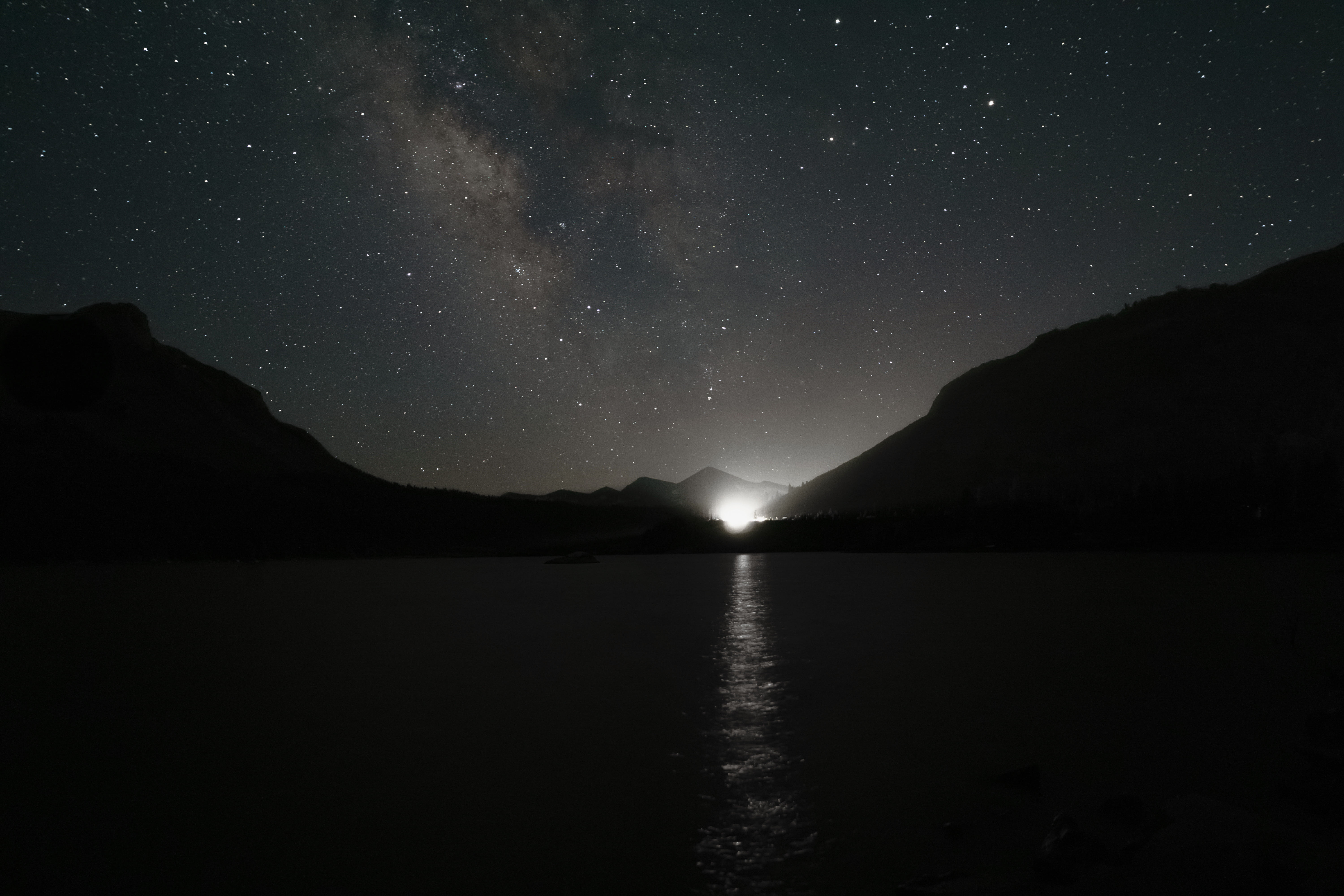 5K, star, body, astronomy, night, scenics - nature, scenics, beauty in nature, grayscale, tranquil scene, constellations, lake, clouds, star field, light, HD Wallpaper