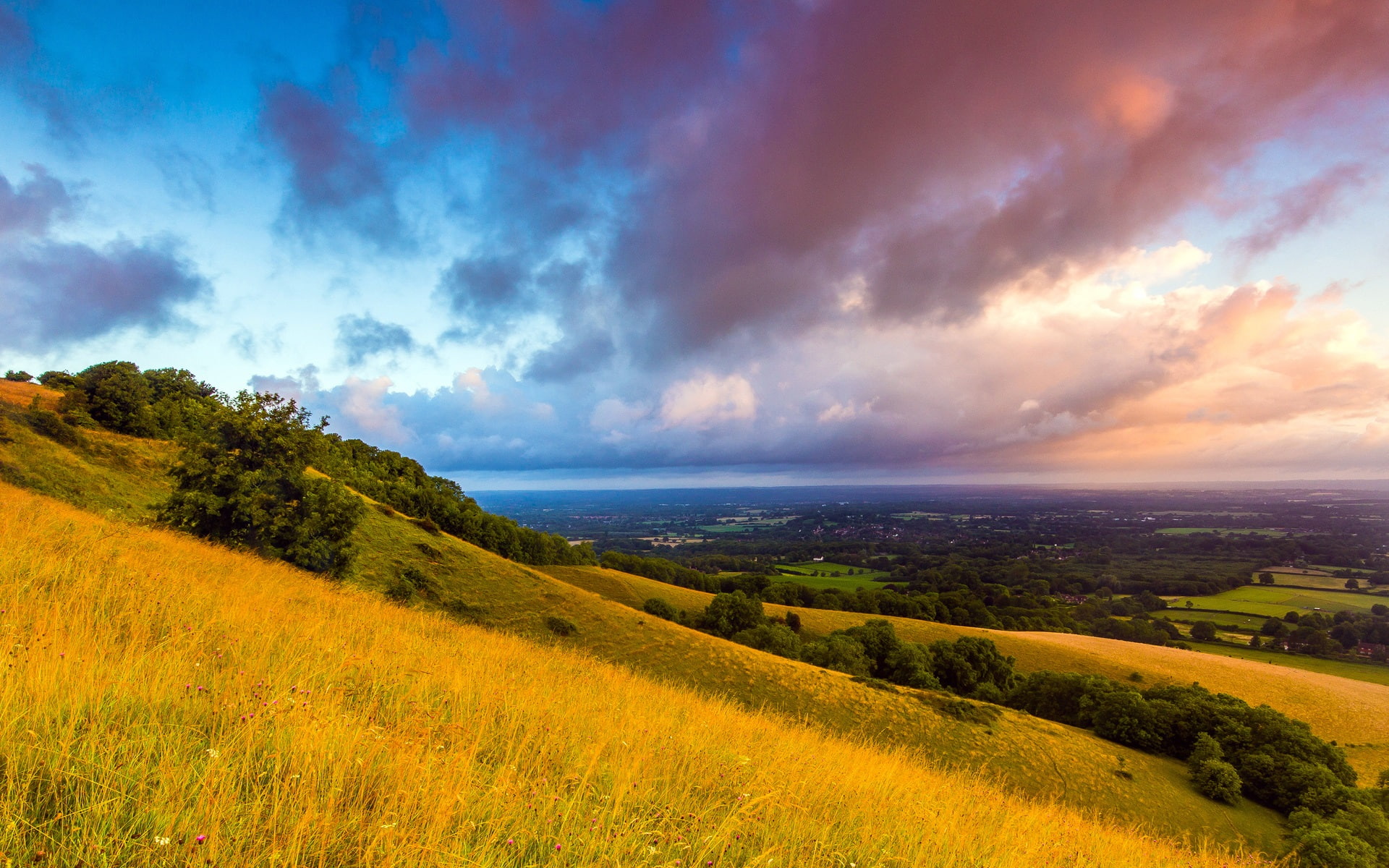 Fields, Clouds, Hills, 1080P, Dawn, Downs, Trees, Morning, South, England, HD Wallpaper