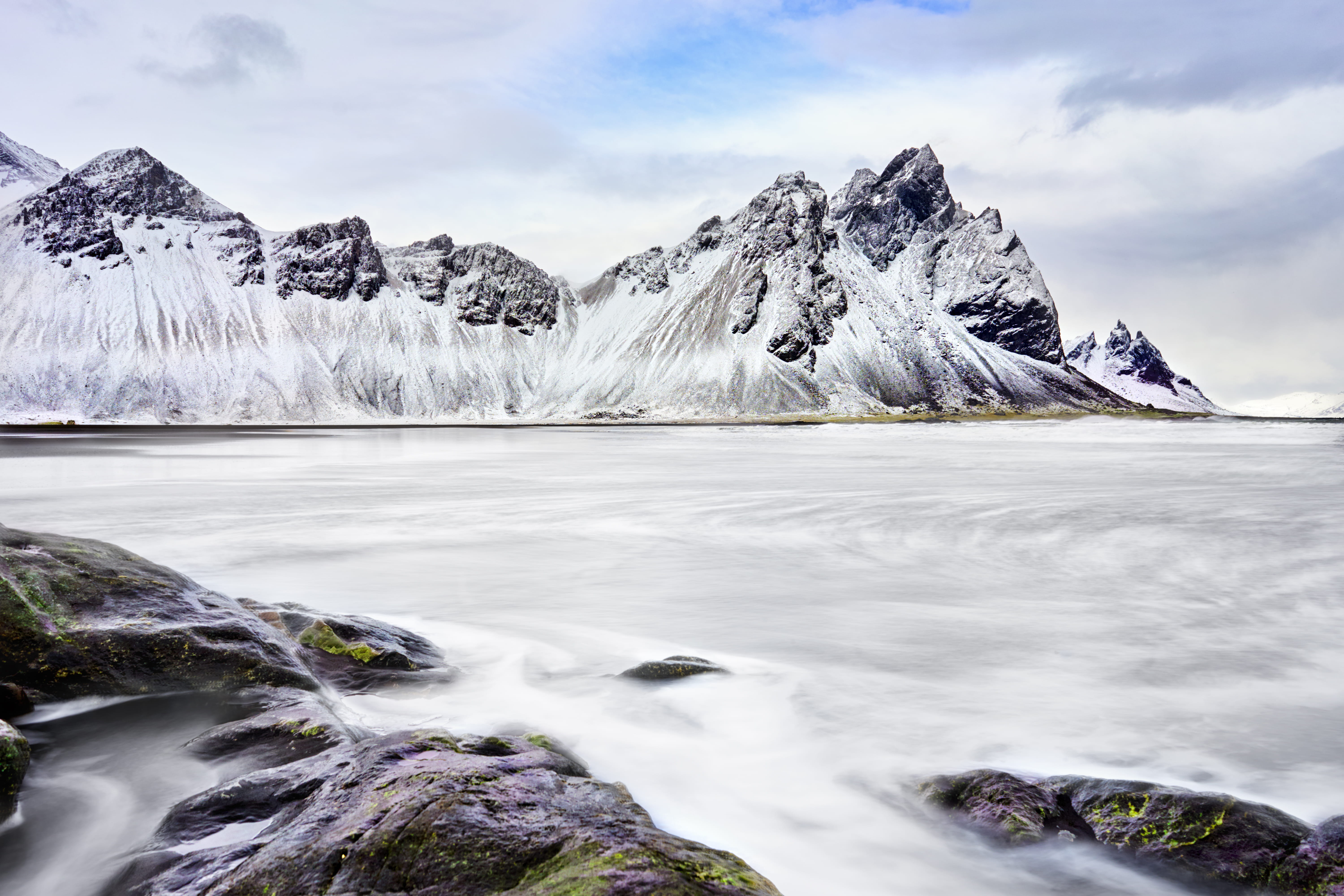 landscape, idyllic, beauty in nature, ocean, 5K, no people, coast, nature, tranquil scene, cold temperature, tranquility, flowing water, covered, summit, HD Wallpaper