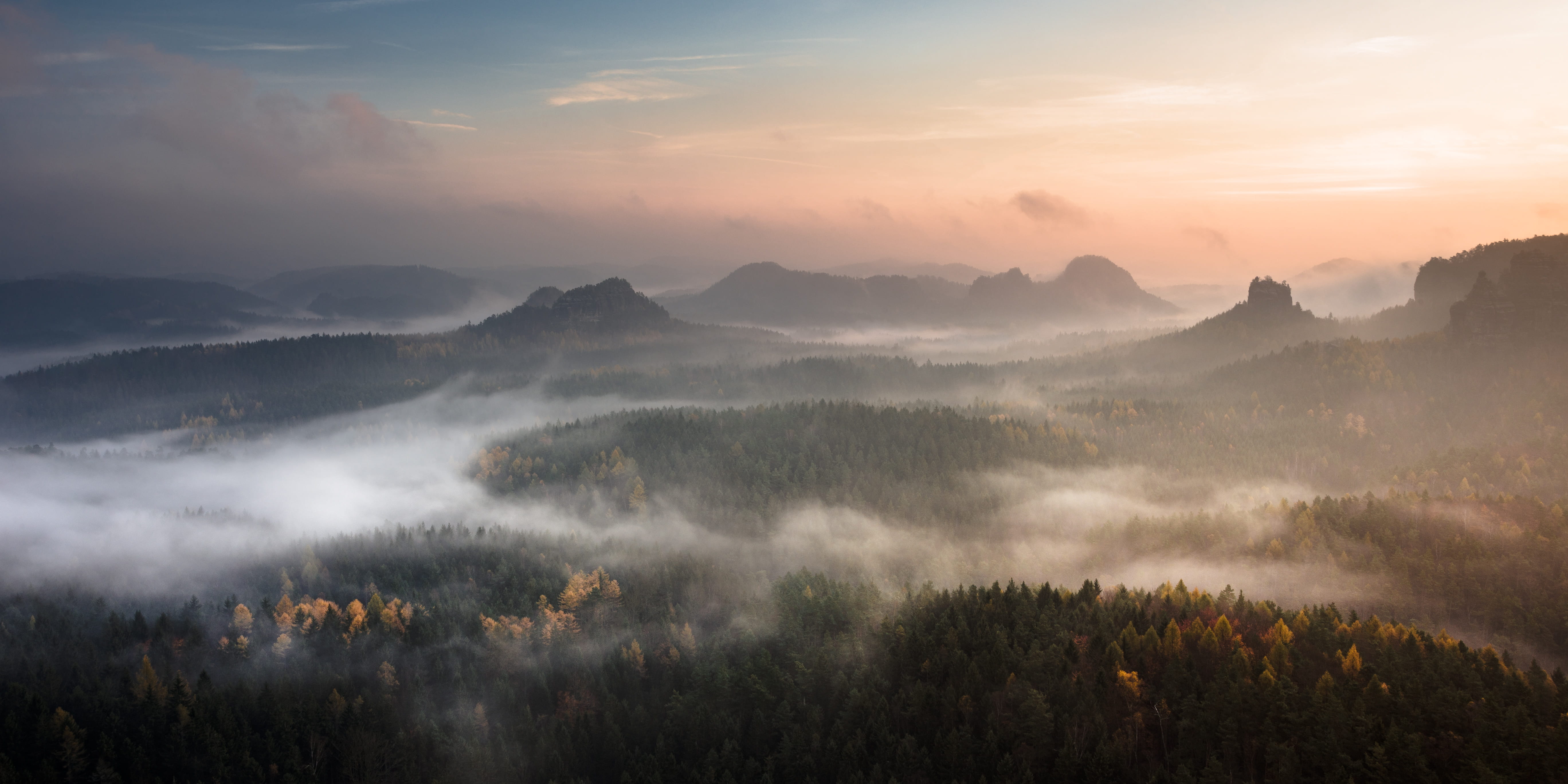 5K, sunrise - dawn, mountain, vast, mountain peak, environment, beauty in nature, sky, cloud - sky, forest, twilight, morning, land, surrounded, photo, HD Wallpaper