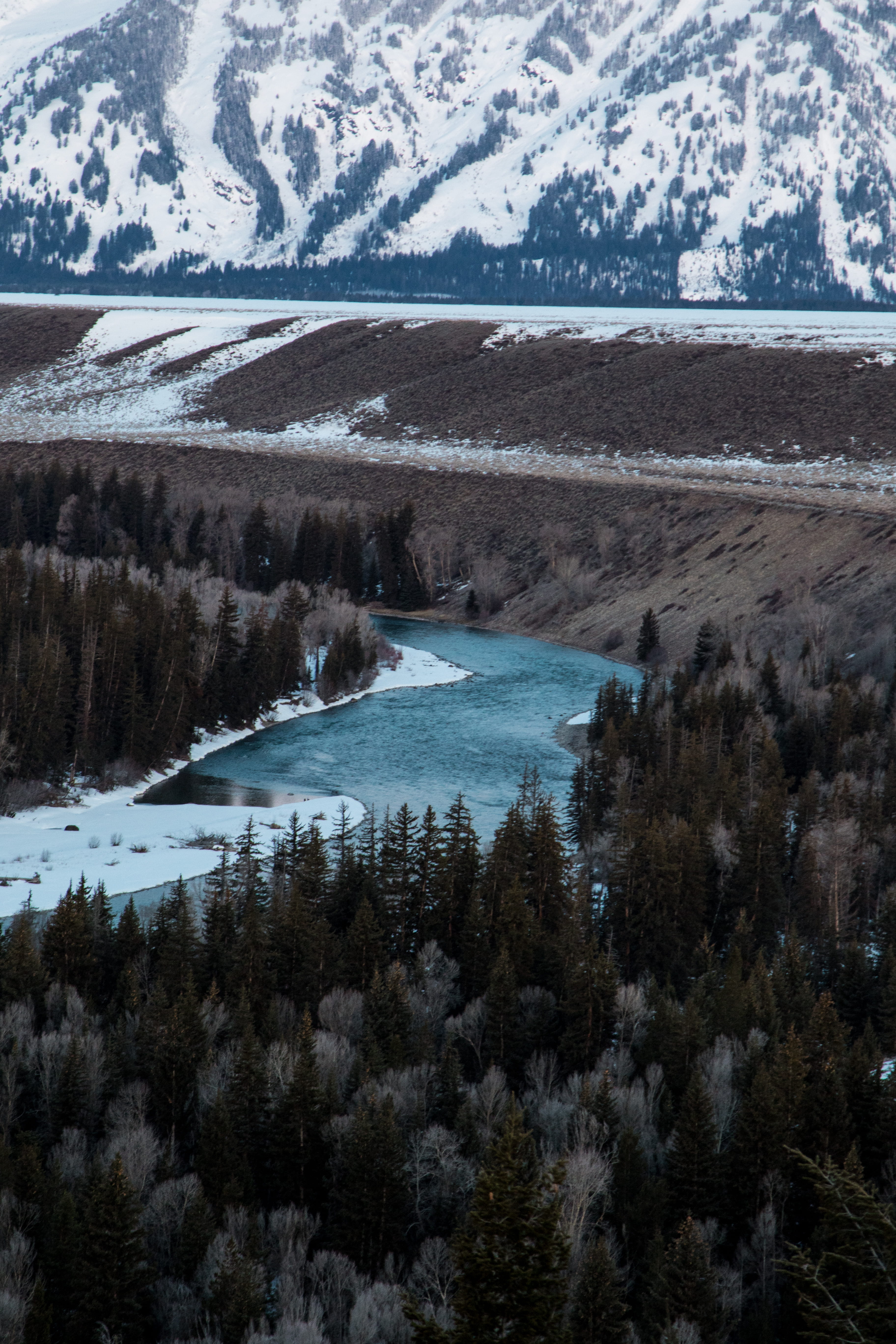 wanderlust, snake river, landscape, cold temperature, snow, trees, aerial, alp, beauty in nature, wyoming, scenics - nature, adventure, outdoors, surrounded, Phone HD Wallpaper