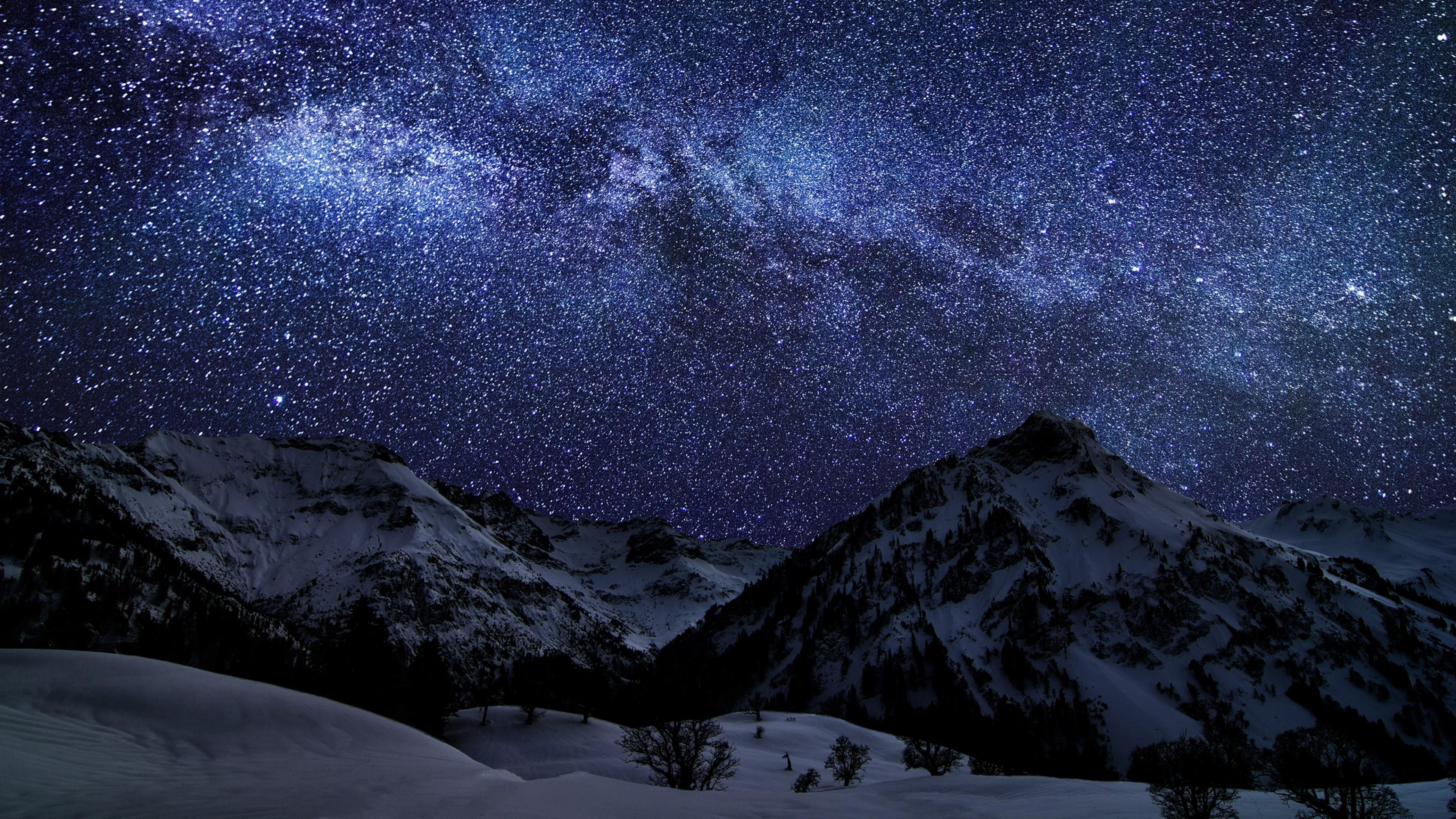 4K, night sky, mountains, snow, nature, starry, stars, starry night, night, HD Wallpaper