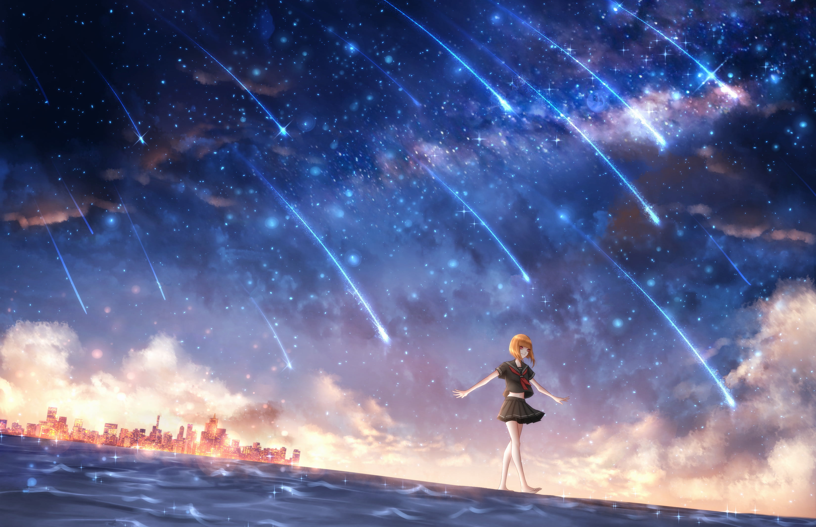young adult, anime girls, star - space, full length, outdoors, sky, one person, motion, standing, scenics - nature, nature, night, galaxy, starry night, HD Wallpaper