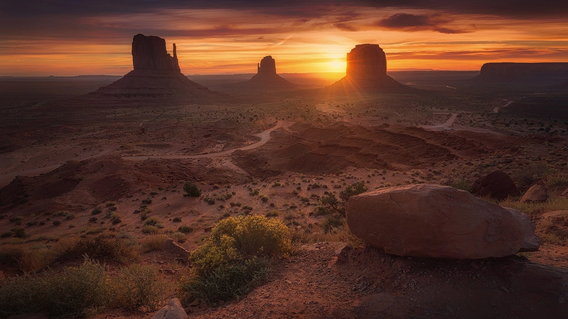 rock - object, 1080P, climate, environment, united states, sand, canyon, west and east mitten buttes, arid climate, no people, dusk, cloud - sky, sun, HD Wallpaper