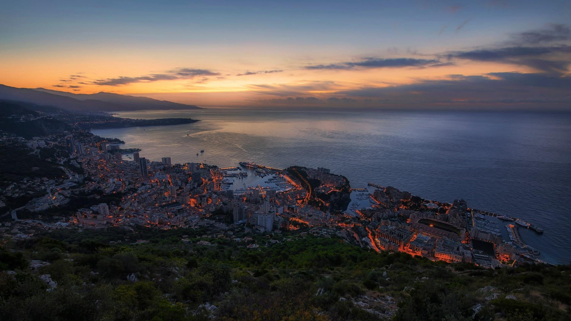architecture, city, cloud - sky, sky, atmosphere, shore, morning, 1080P, high angle view, no people, beach, sea, monte carlo, building, tree, coast, horizon, HD Wallpaper
