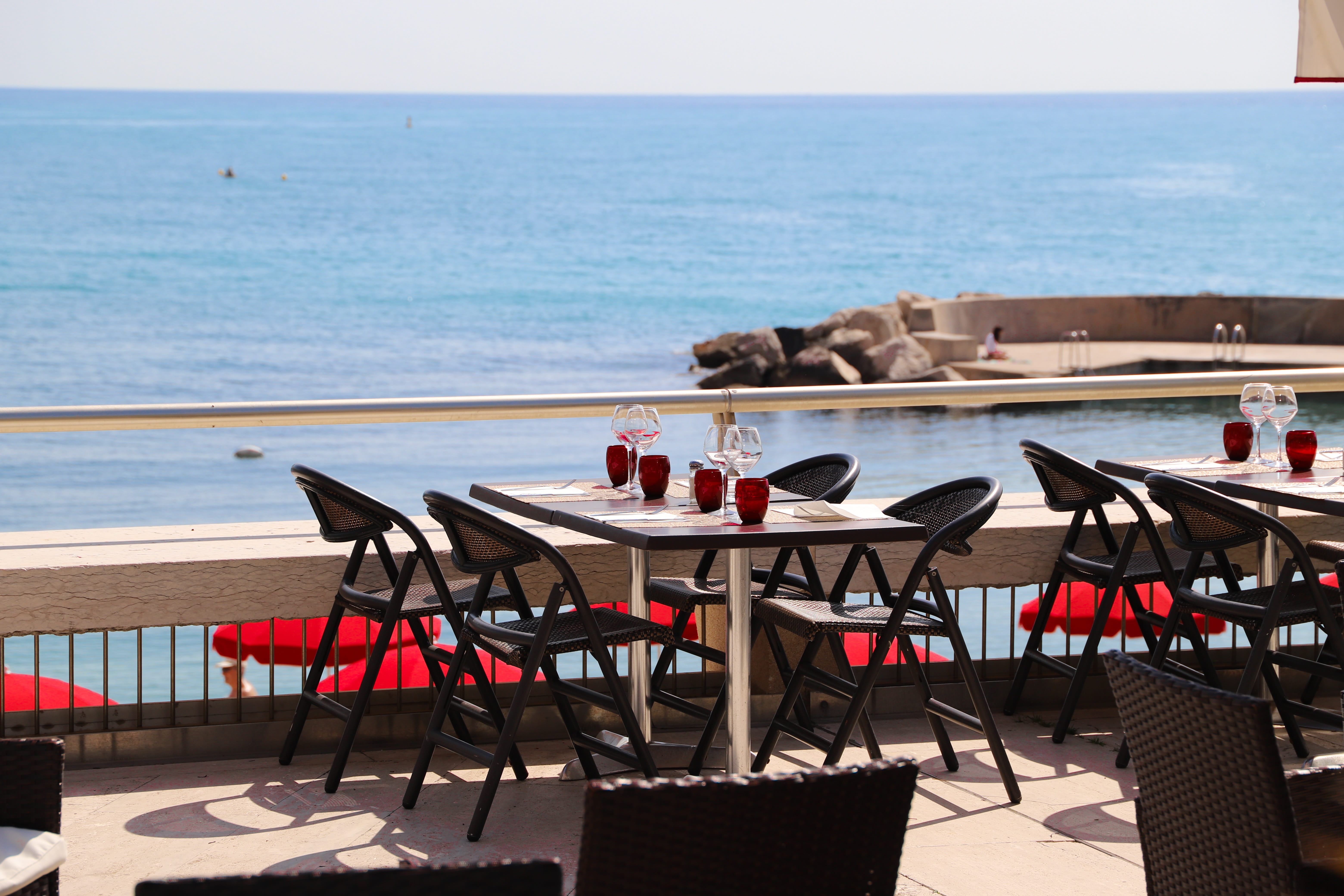 nice, sky, views, holiday, seat, food and drink, no people, scenics - nature, day, land, sea, wine, monte carlo, summer, table, calm, chair, absence, horizon over water, HD Wallpaper
