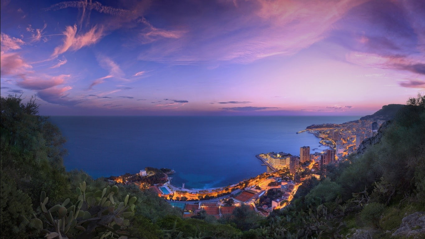 720P, dusk, city, Monaco, landscape, city lights, cityscape, HD Wallpaper