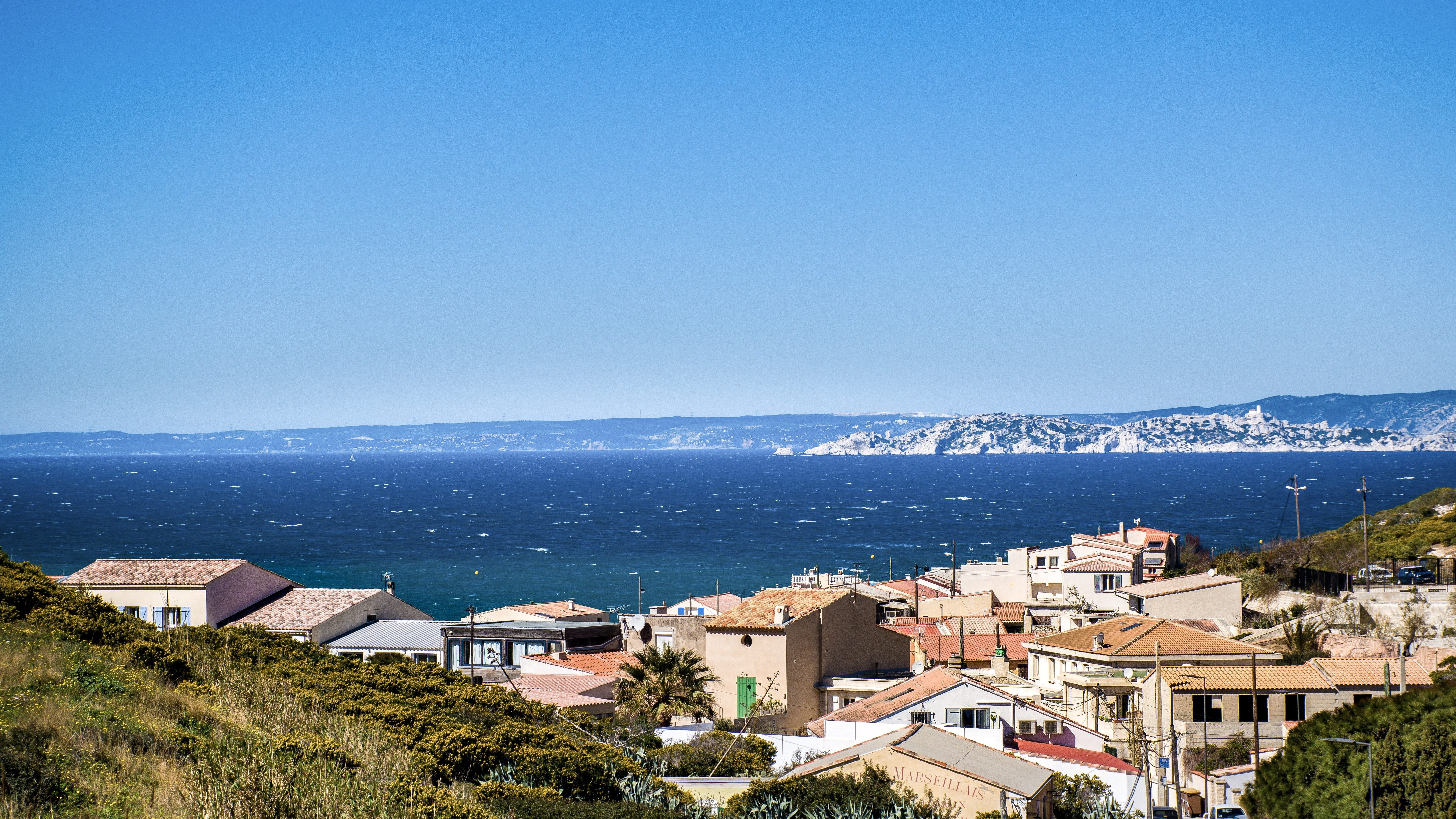 landscape, sea, built structure, coast, clear sky, riviera, blue, greenery, french, france, culture, village, explore, town, beach, house, seaside, architecture, HD Wallpaper