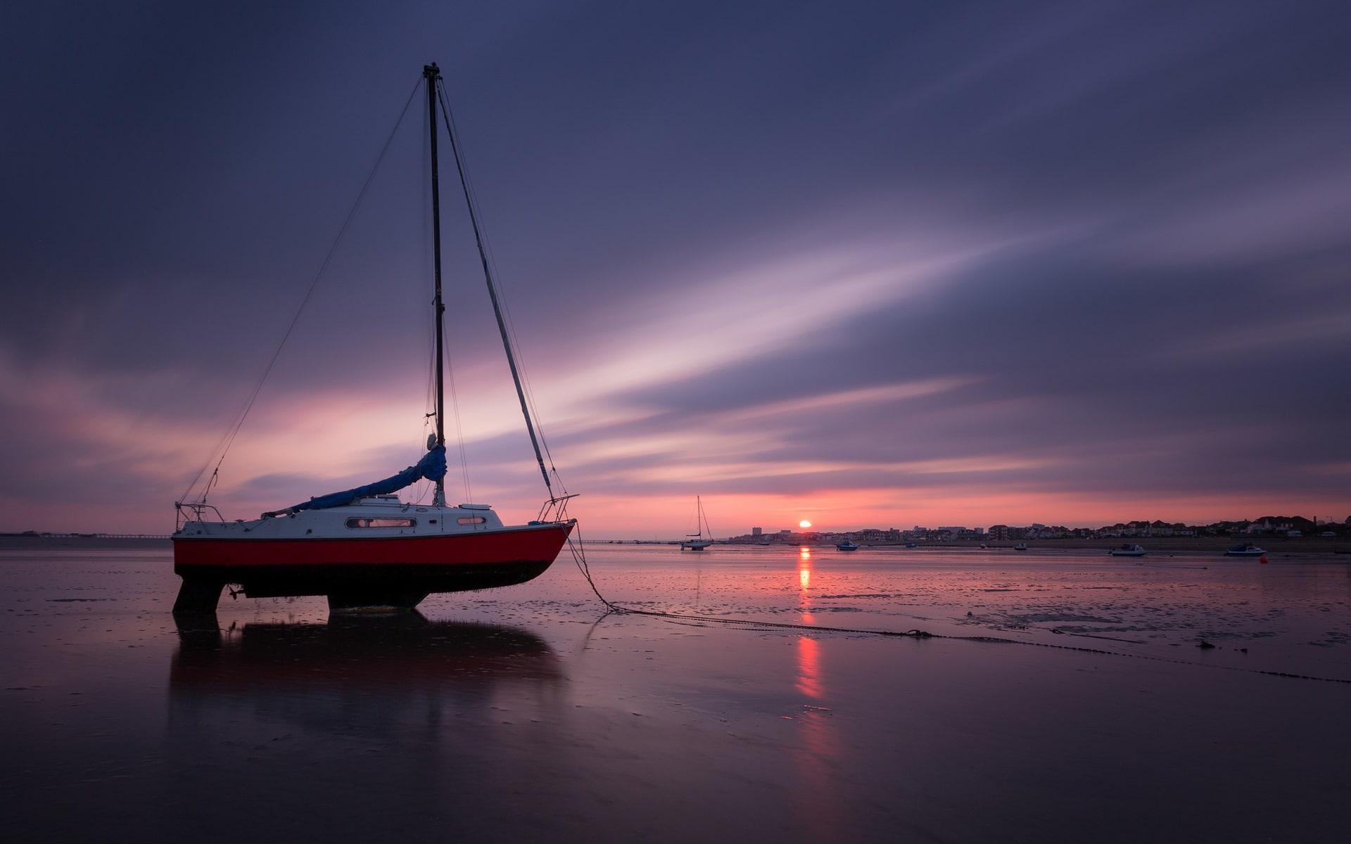 Coast, 1080P, Sea, red, Beach, Boat, Evening, Sunset, white, sailboat, HD Wallpaper