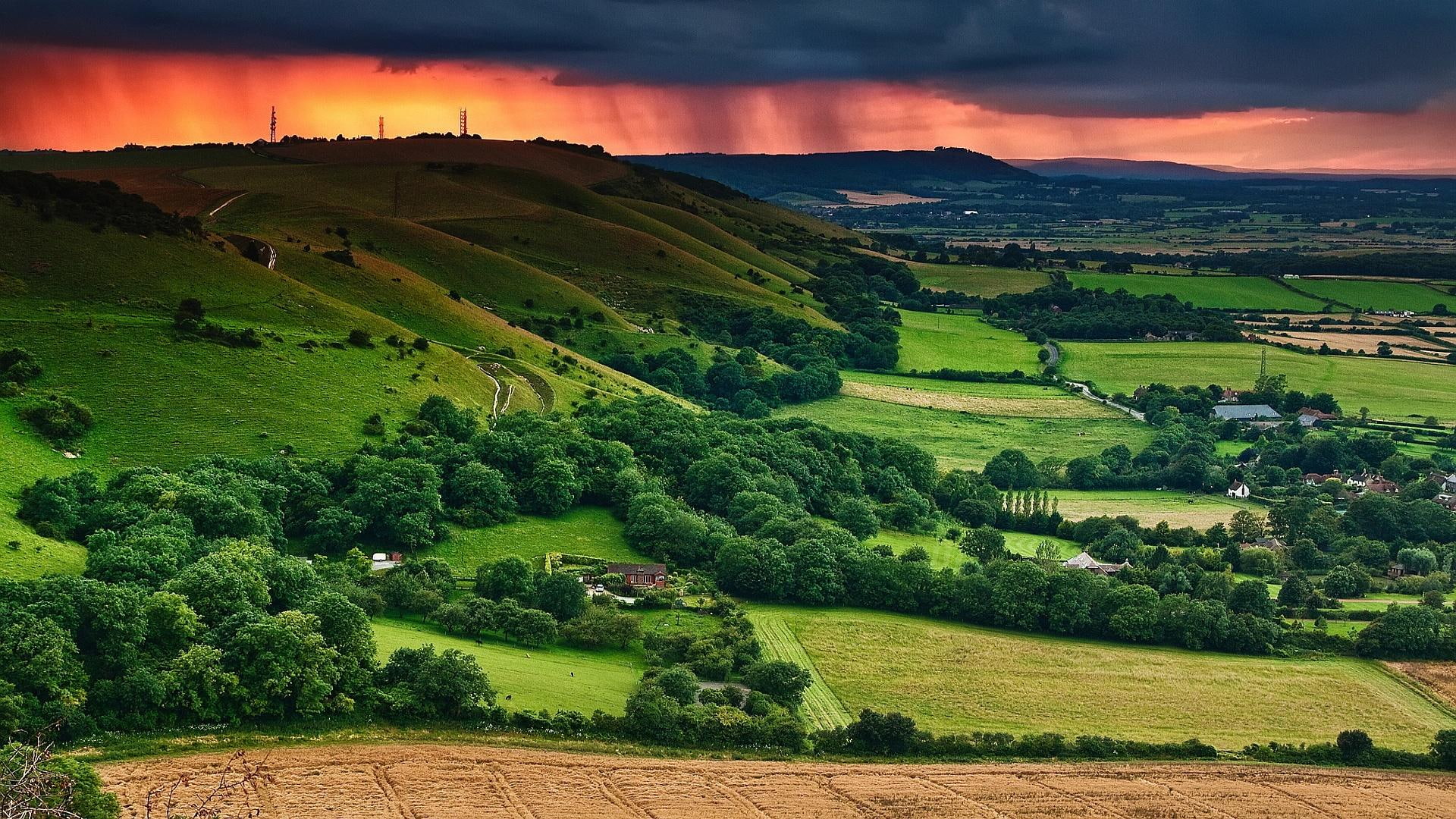 valley, 1080P, rain, fields, nature and landscapes, farms, clouds, storm, HD Wallpaper