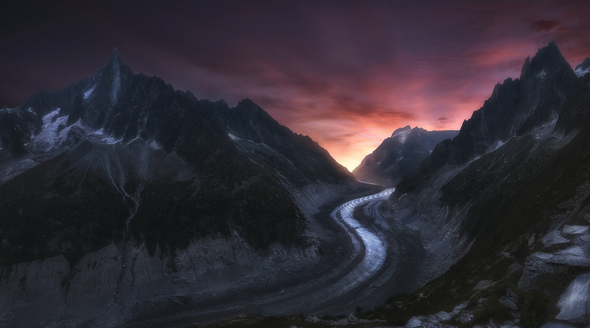 landscape, mountains, tranquility, mountain peak, idyllic, no people, majestic, flowing water, coated, scenics - nature, clouds, sunset, 1080P, Alps, water, HD Wallpaper