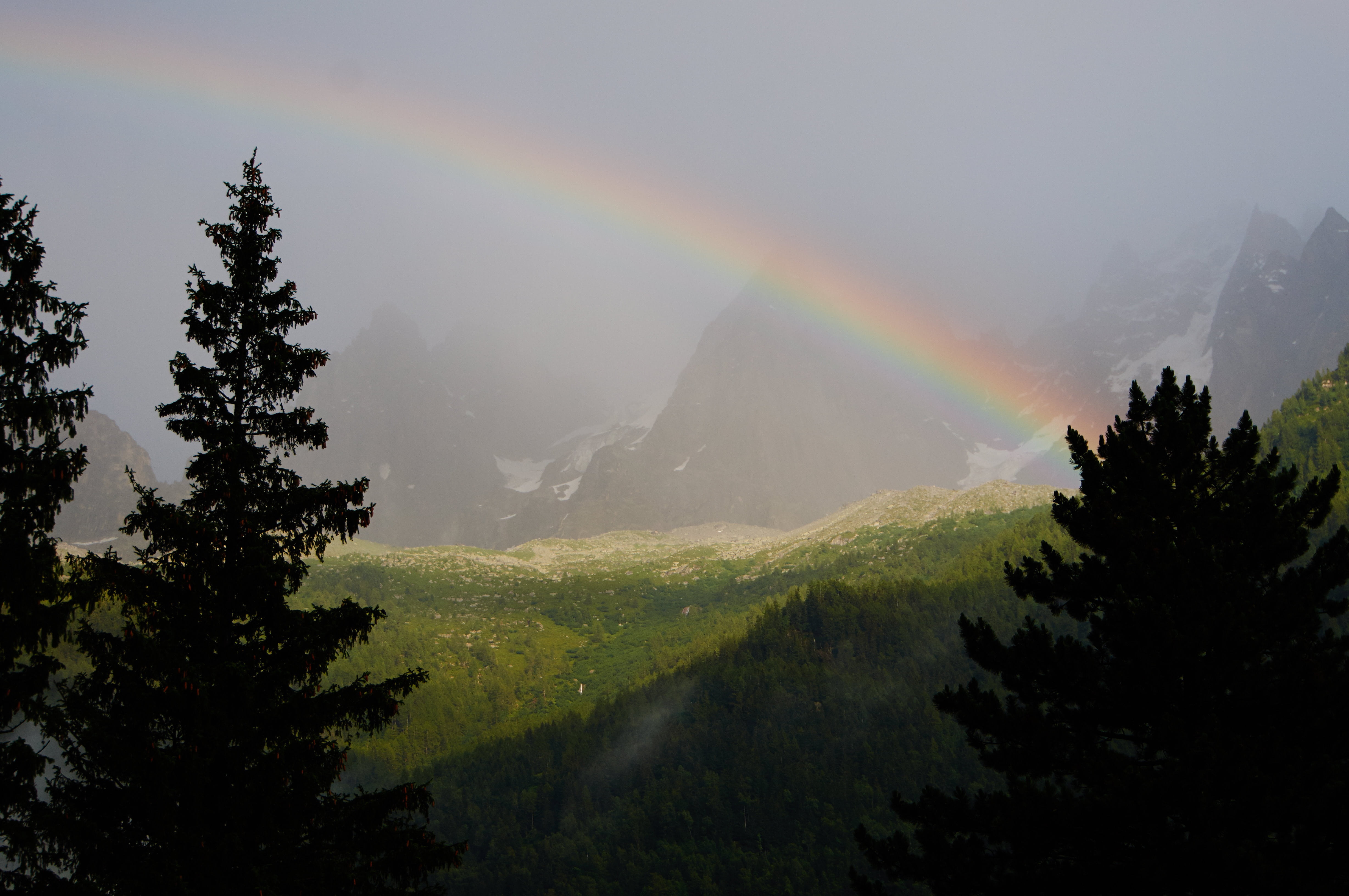 landscape, scenics - nature, environment, scenics, france, idyllic, chamonix, outdoors, rainbow, mountain, land, no people, coniferous tree, rain, non-urban scene, HD Wallpaper