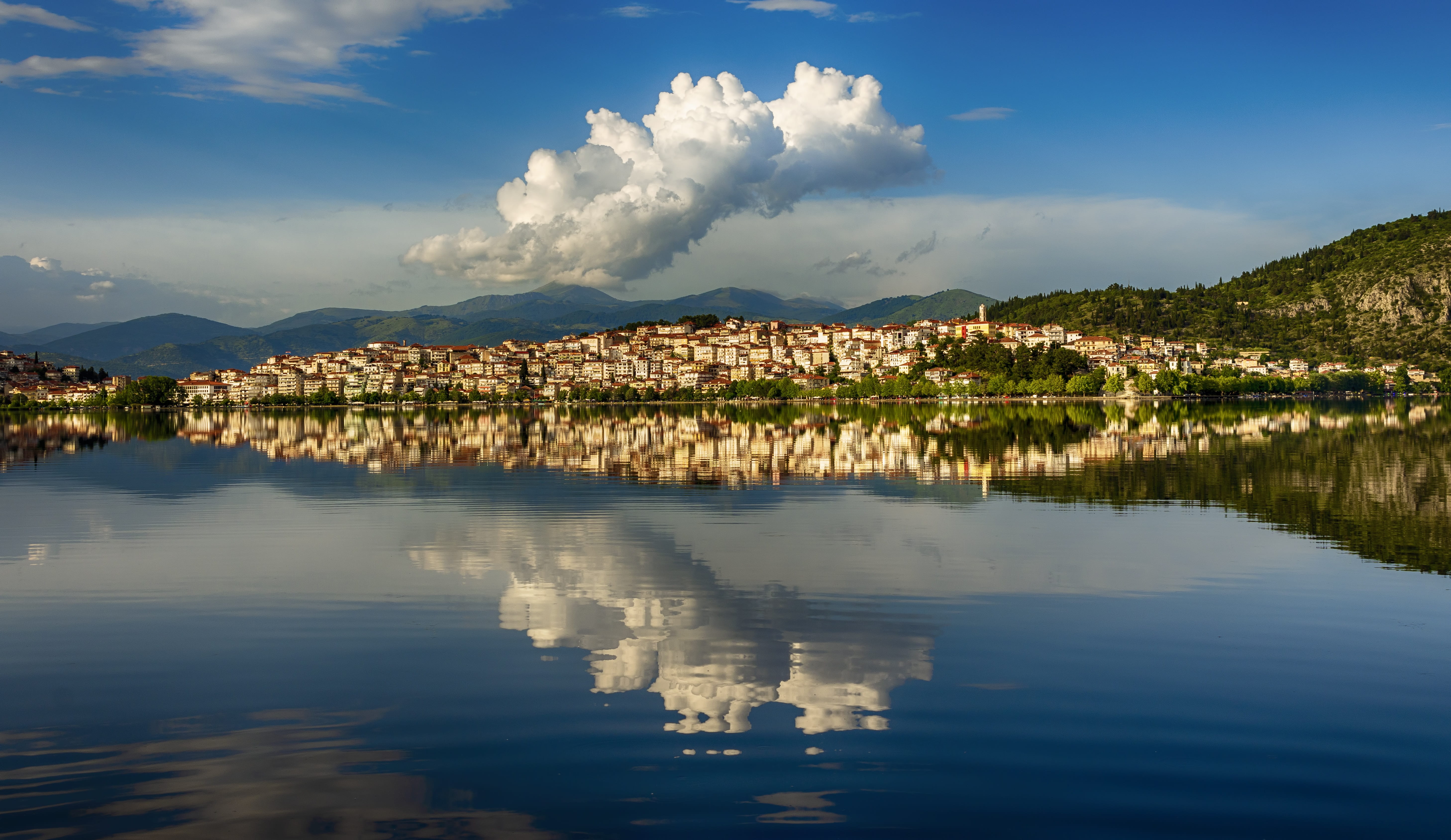no people, scenics - nature, tranquil scene, waterfront, outdoors, day, landscape, mountain range, sky, mountain, reflection, architecture, kastoria, mood, HD Wallpaper