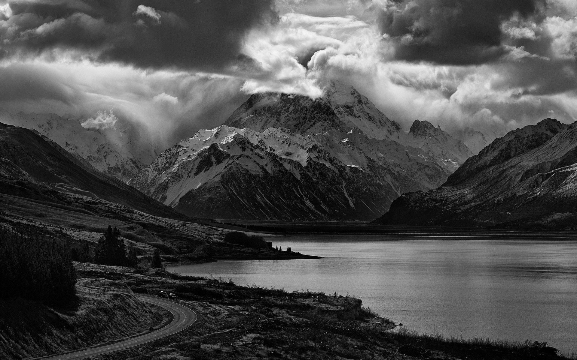 sky, Earth, mountain range, snowcapped mountain, Landscape, 1080P, Mountain, no people, environment, cloud - sky, snow, travel destinations, winter, Black and White, HD Wallpaper