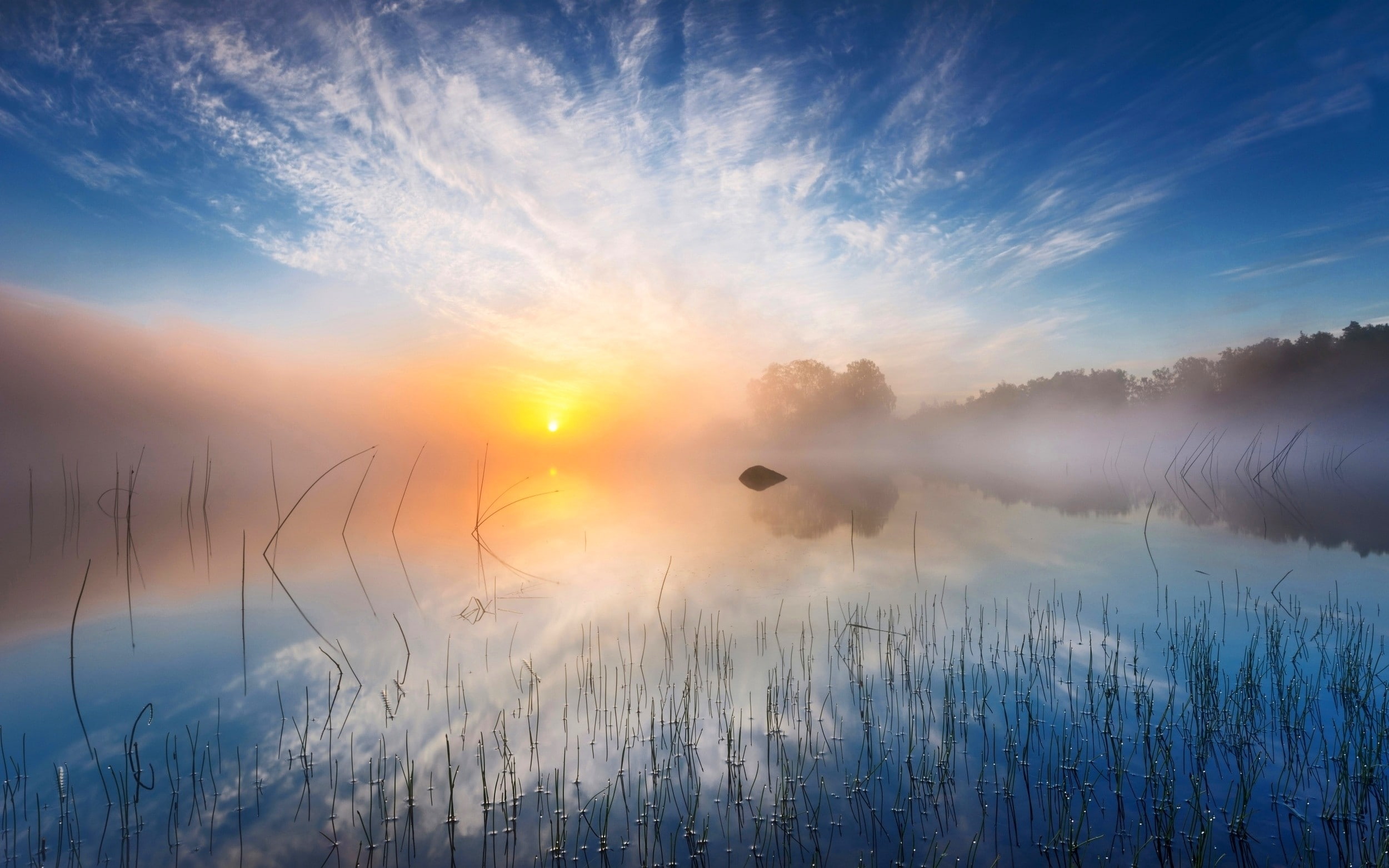 fog, scenics - nature, tranquil scene, mist, sky, reflection, idyllic, hazy, lake, yellow, nature, no people, outdoors, Sweden, 1080P, blue, landscape, HD Wallpaper
