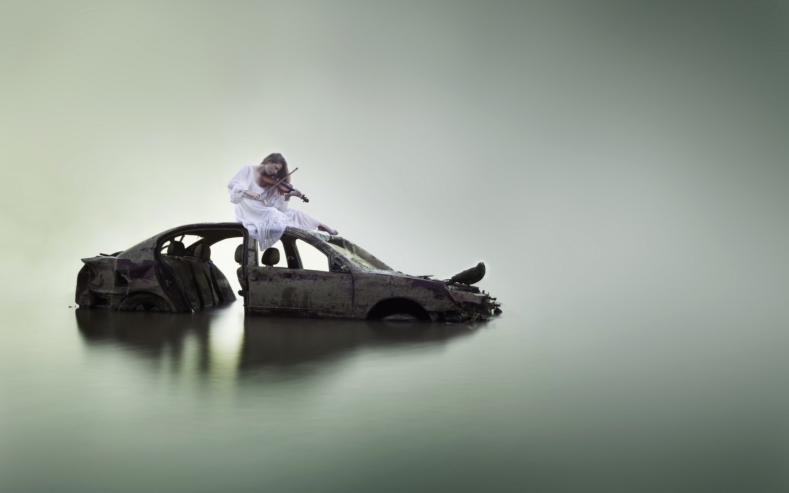standing, digital composite, men, copy space, lake, adult, violin, emotion, women with cars, nature, indoors, sitting, full length, one person, white dress, HD Wallpaper