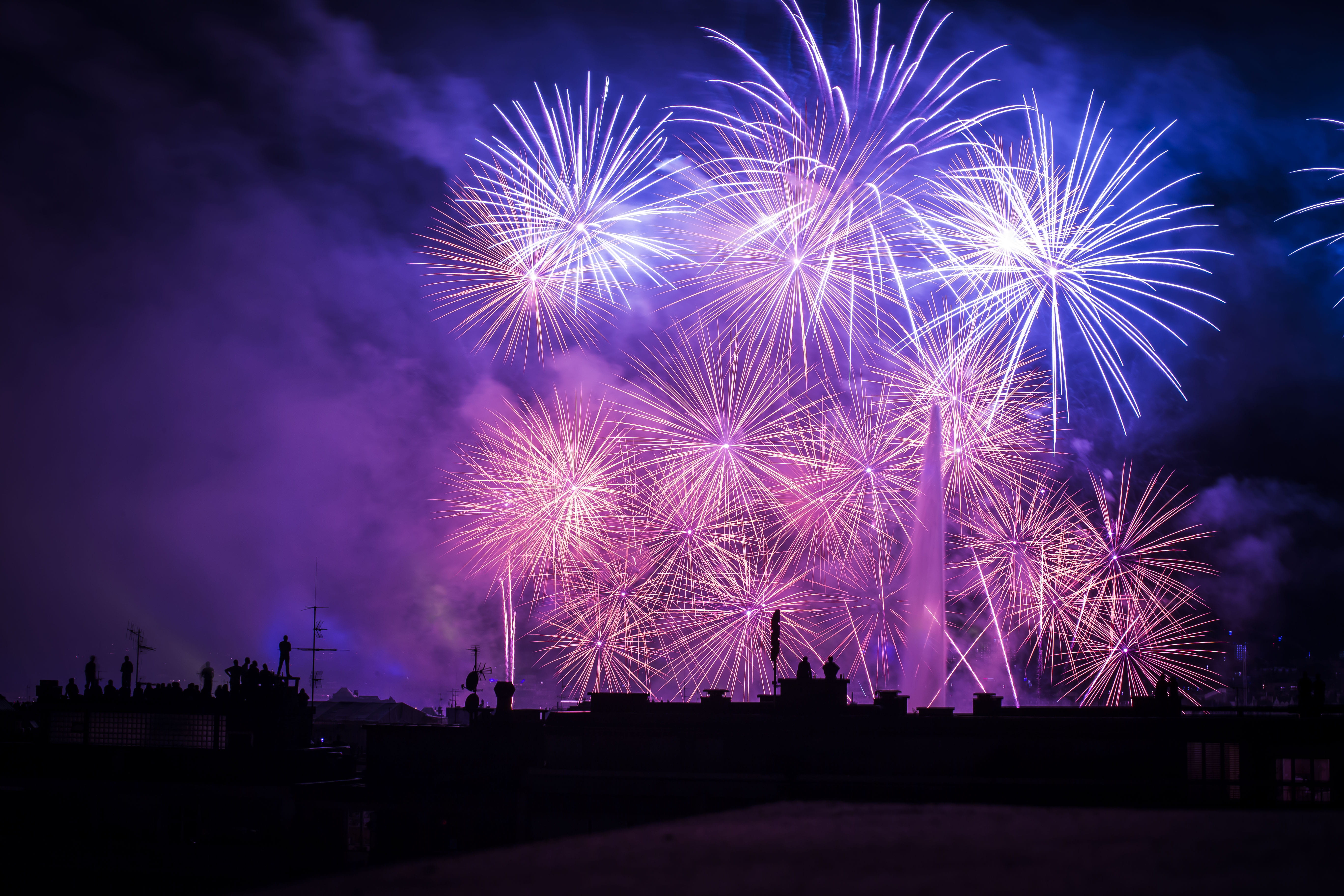 purple, entertainment event, firework - man made object, pink, genève, explosion, outdoors, built structure, smoke, silhouette, landscape, lake, firework, HD Wallpaper