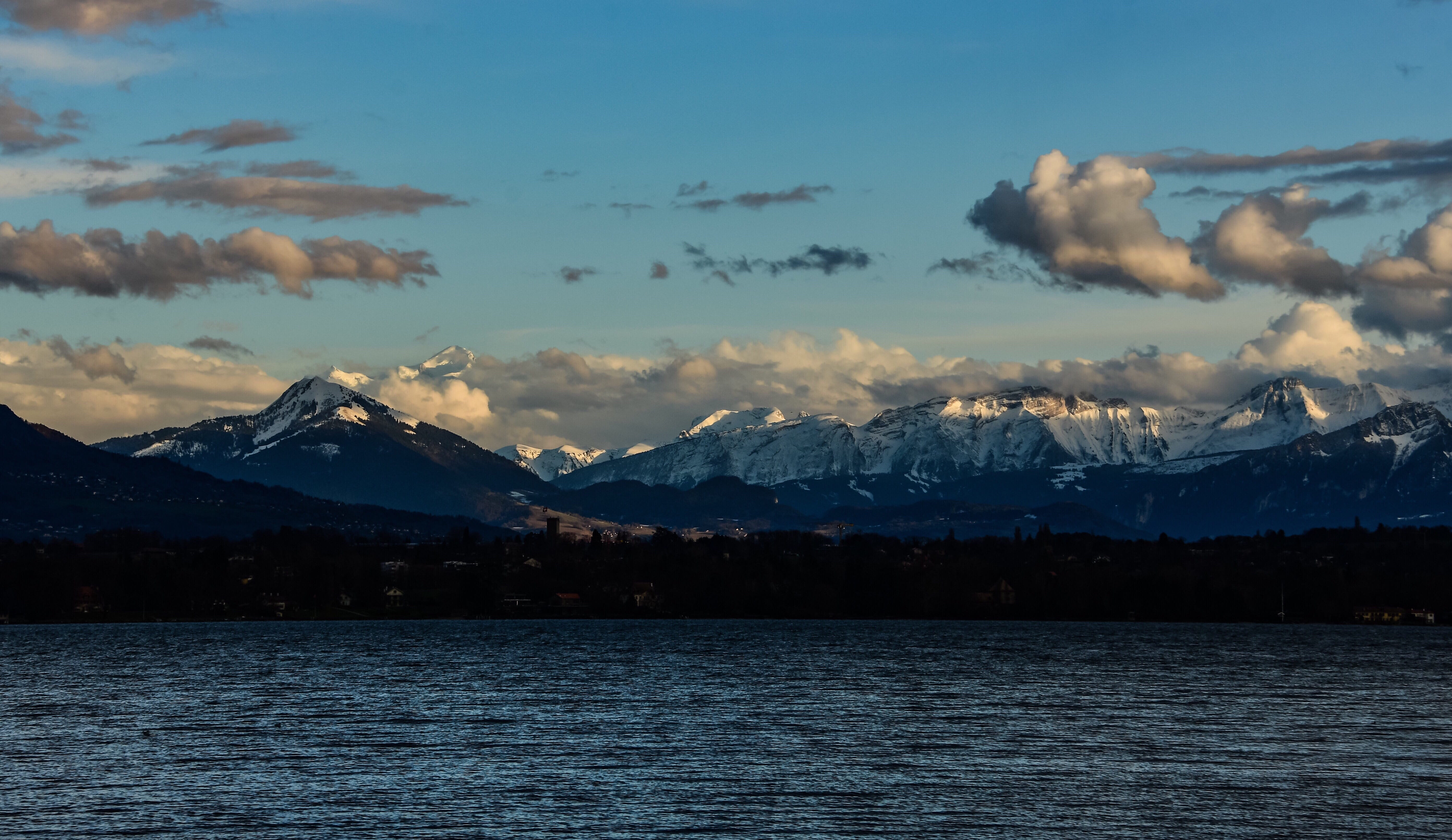 scenics - nature, clouds, snowcapped mountain, tranquil scene, lake geneva, no people, nature, twilight, mountain range, waterfront, lake, cold temperature, HD Wallpaper