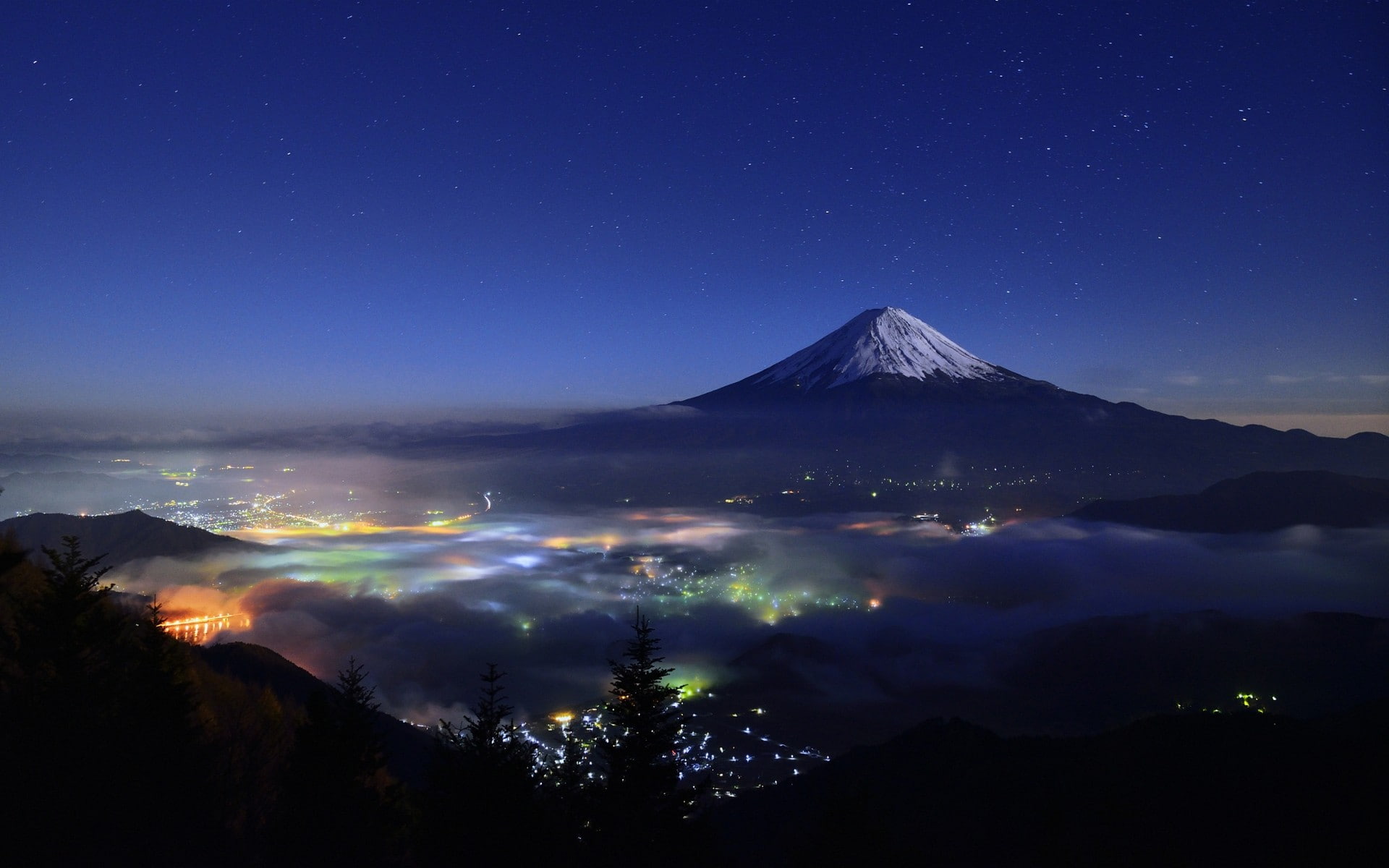 trees, Japan, 1080P, mountains, nature, cityscape, mist, landscape, lights, Mount Fuji, snowy peak, starry night, HD Wallpaper