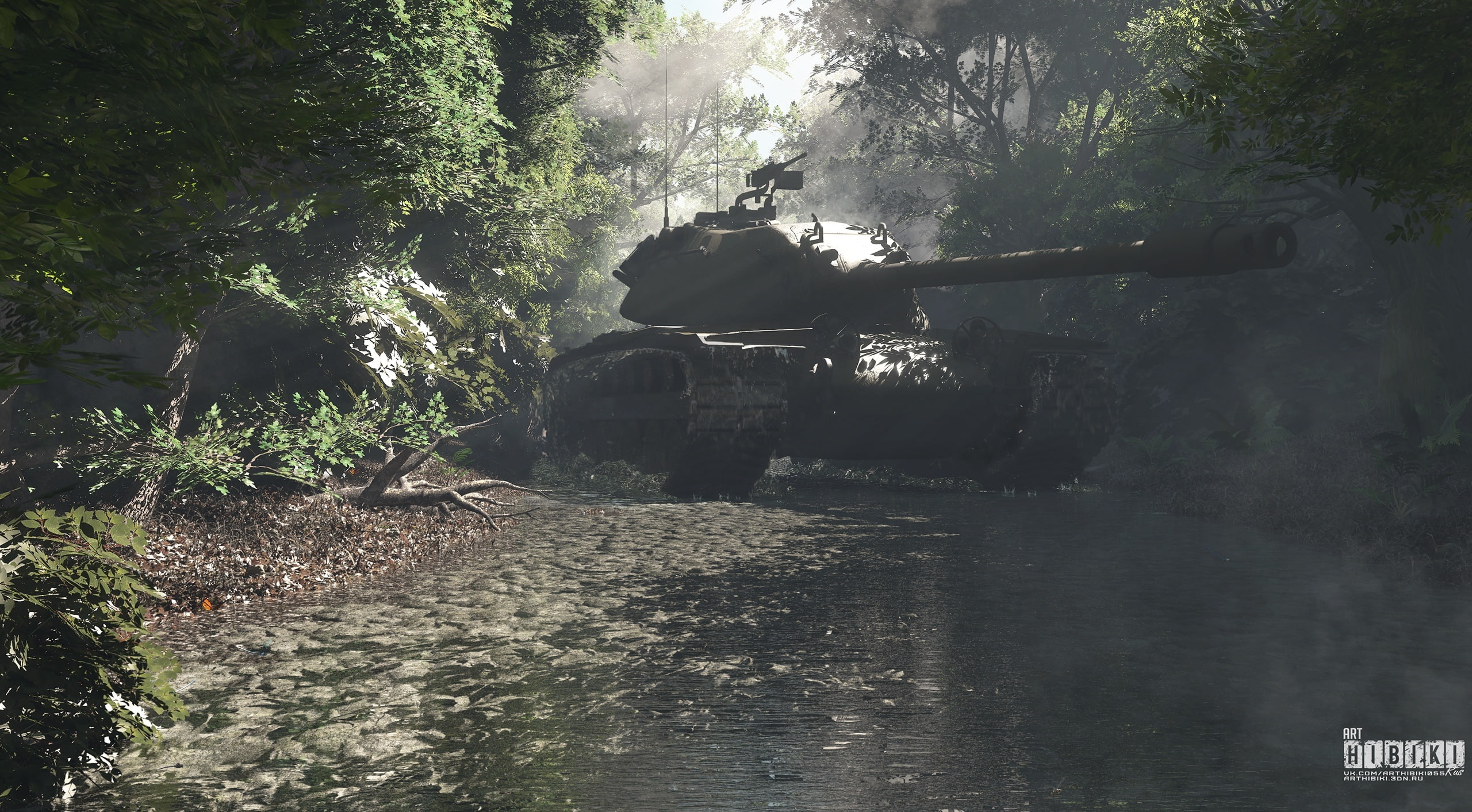 2K, forest, battle, waterfront, warthunder, tranquil scene, black, Artistic, american, plant, tree, hibikirus, outdoors, flowing water, tank, nature, tranquility, HD Wallpaper
