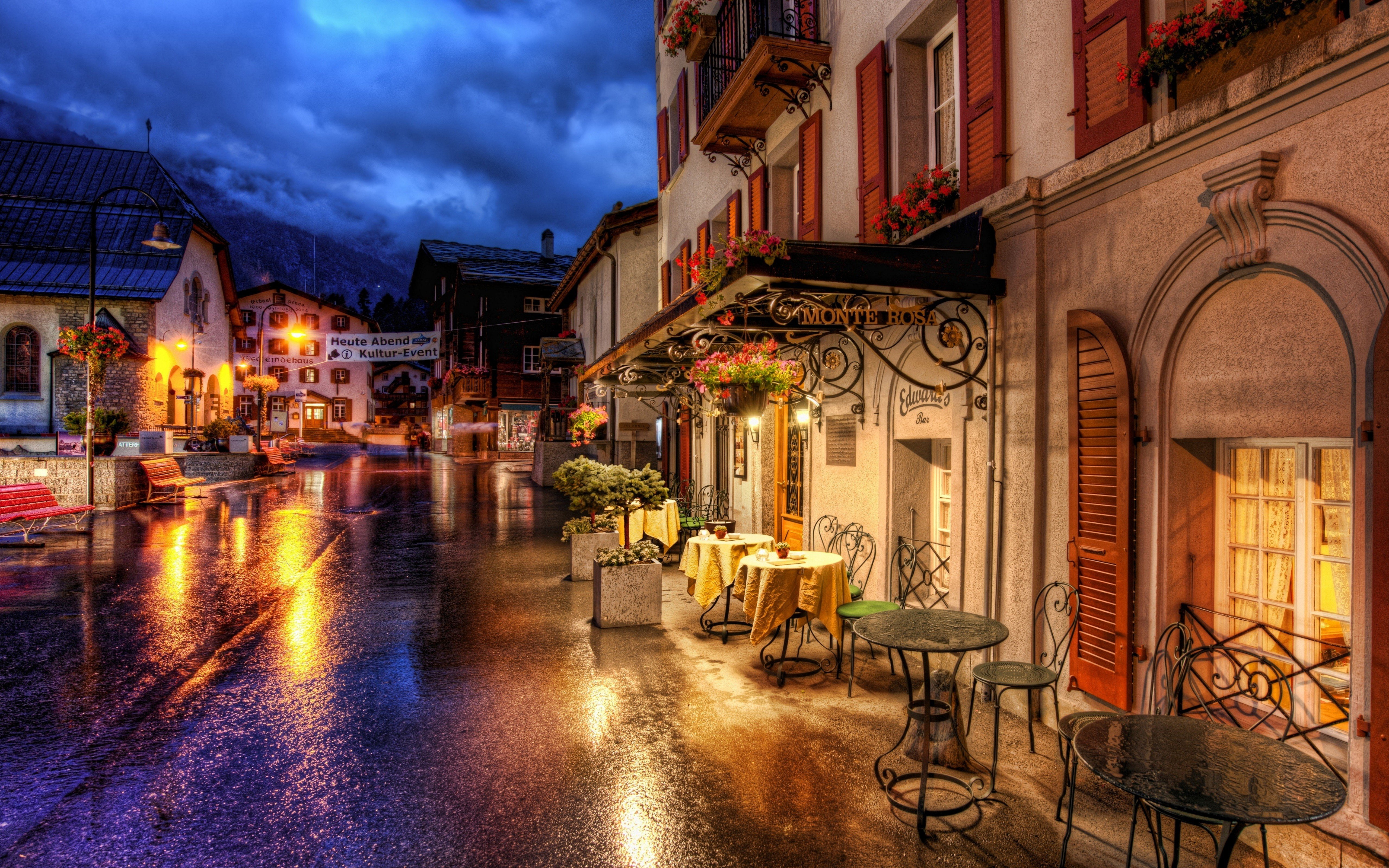 rain, 5K, night, village, Lights, street, house, Germany, photography, Zermatt, Villages, HD Wallpaper
