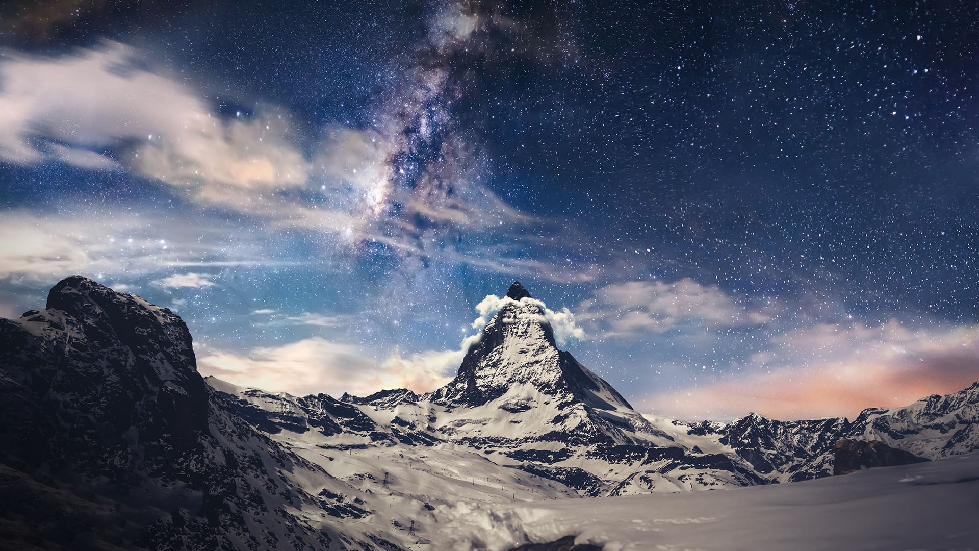 landscape, stars, Switzerland, nature, 1080P, clouds, galaxy, mountains, Matterhorn, Zermatt, night, rocks, Milky Way, snow, far view, HD Wallpaper