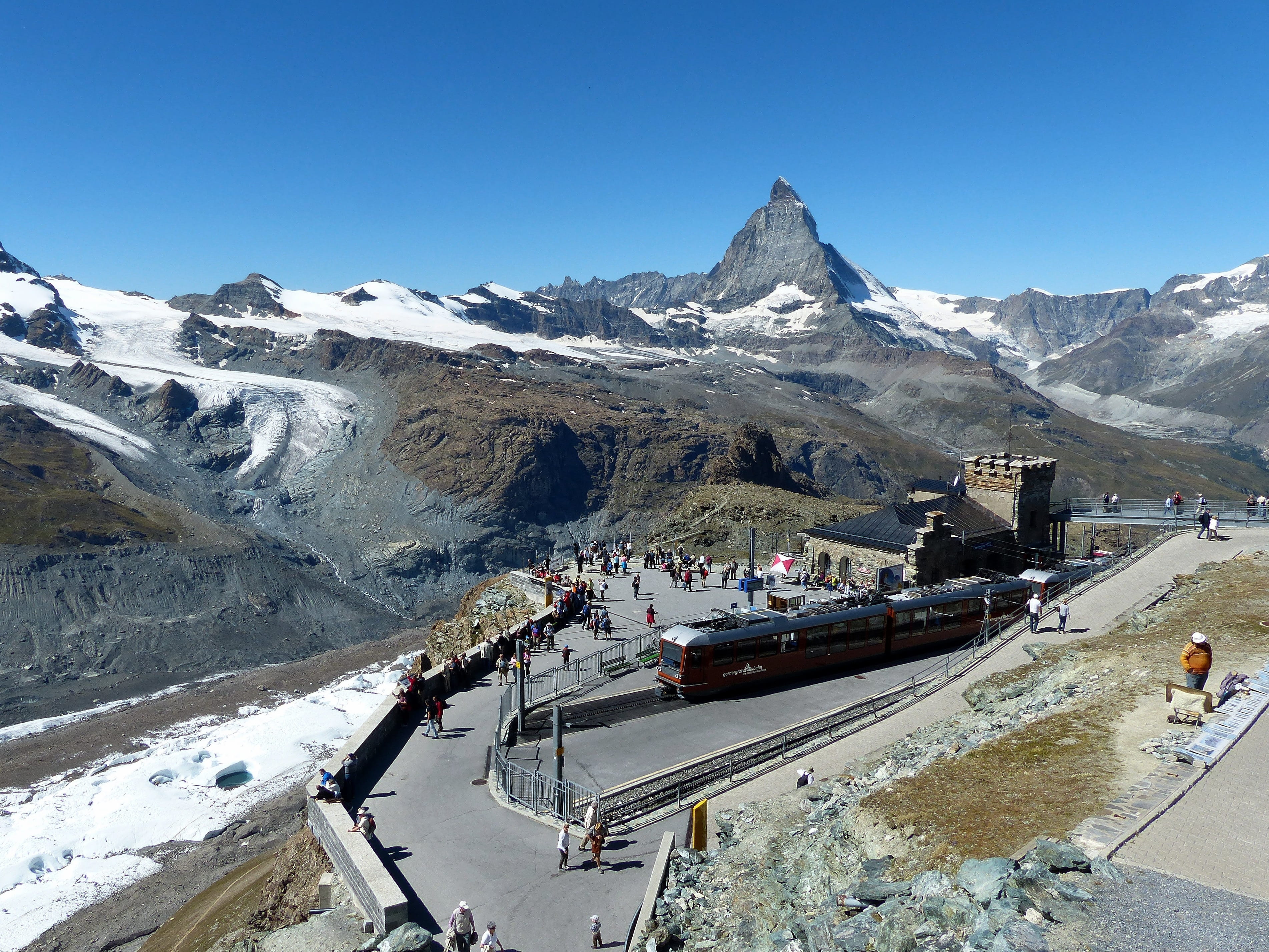 Matterhorn, nature, road, incidental people, snowcapped mountain, winter, water, group of people, travel, landscape, day, gornergrat, train, Mountains, HD Wallpaper