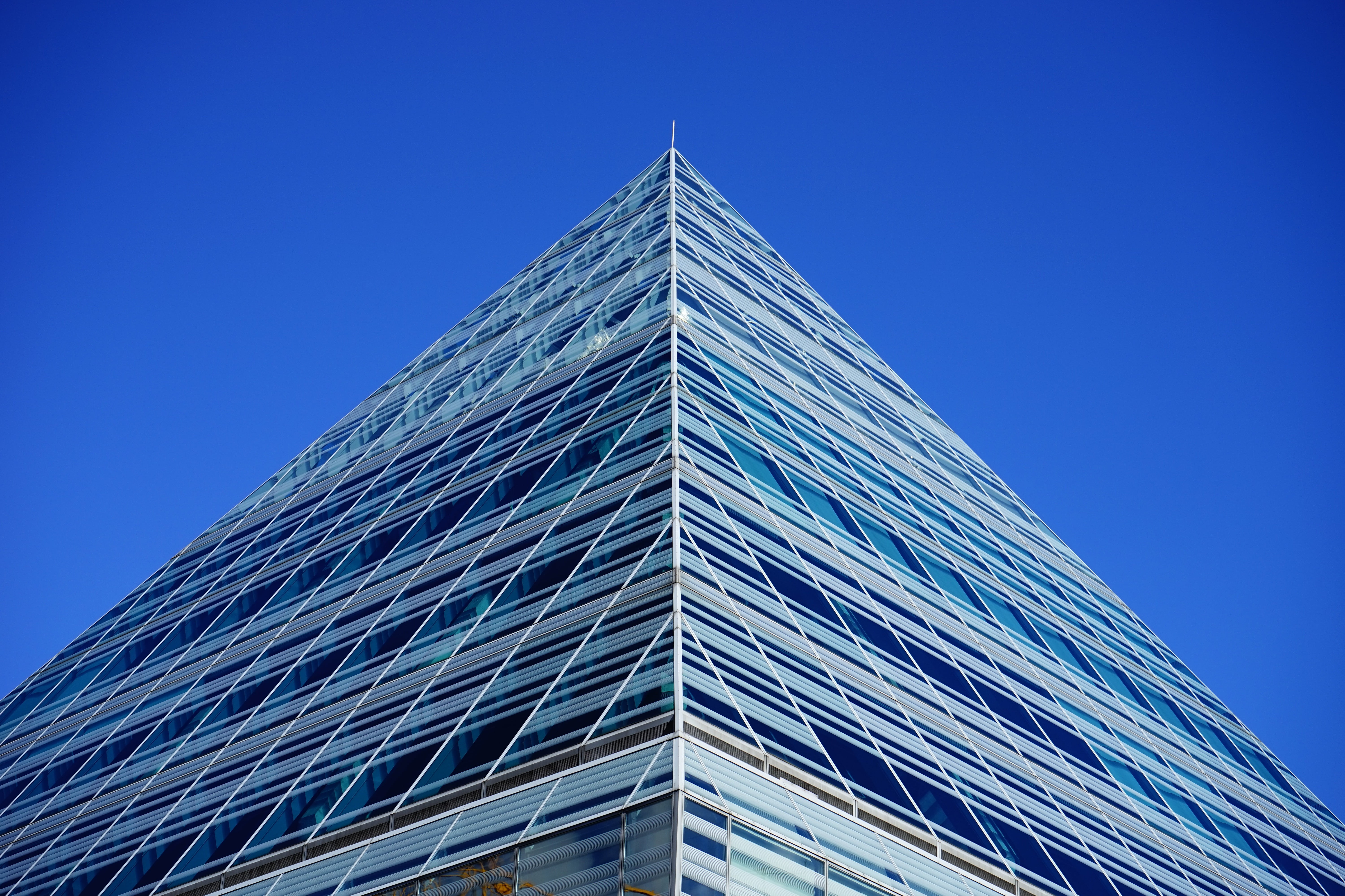 business, steel, office, glass pyramid, office building exterior, low angle view, blue, financial district, architecture, tower, city, triangle shape, modern, HD Wallpaper