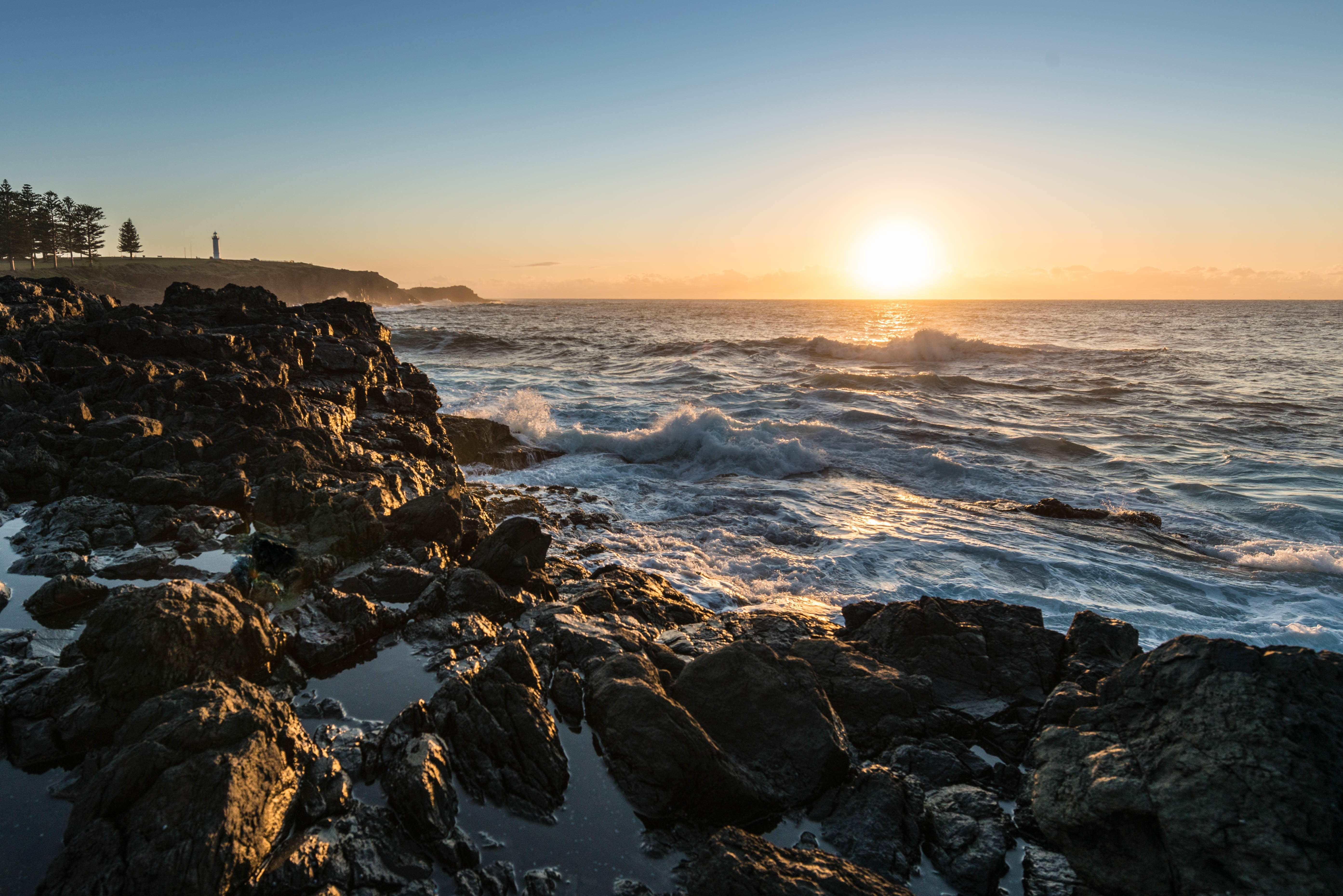 clear sky, horizon over water, water, rocky, seascape, ocean, scenic, breaking, sport, evening, beauty in nature, landscape, sunset, shore, coast, craggy, HD Wallpaper