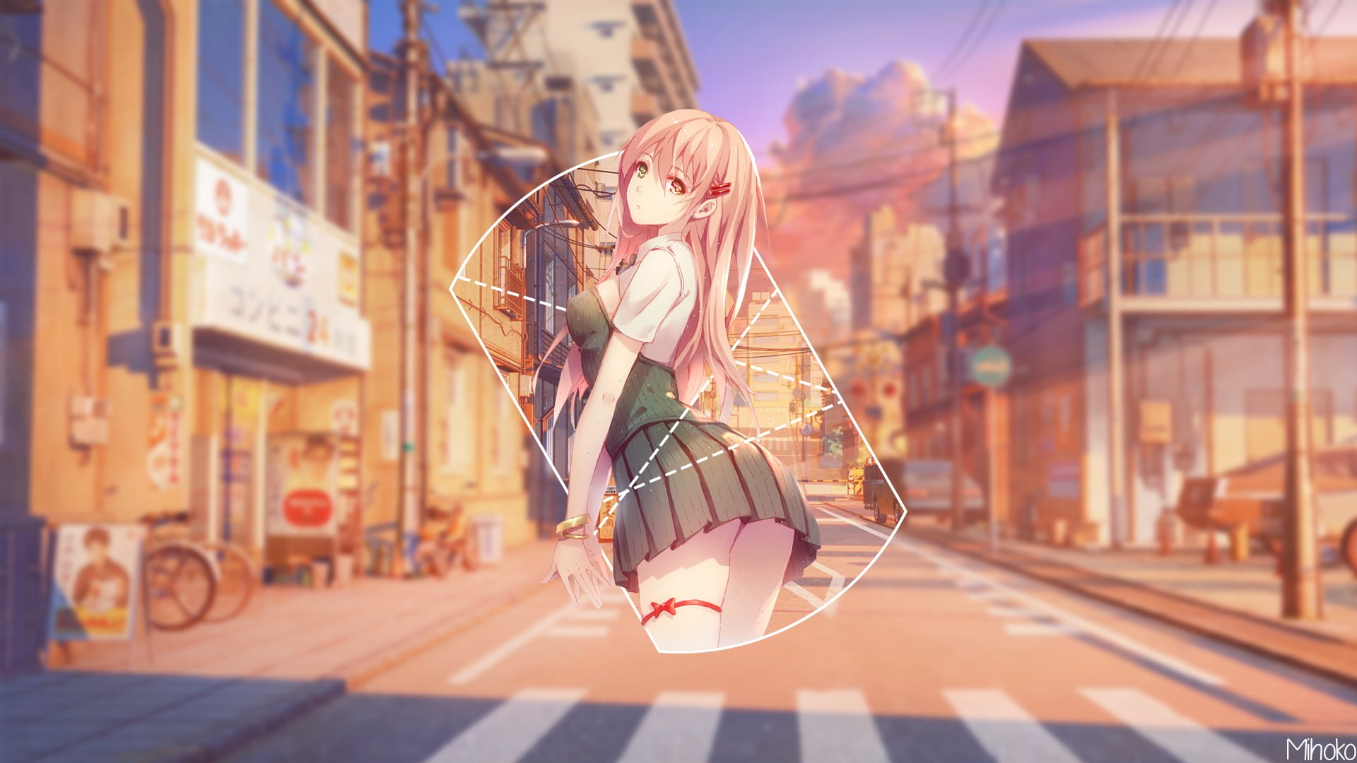 picture-in-picture, anime, city life, one person, nature, day, blond hair, anime girls, built structure, hairstyle, transportation, beautiful woman, building exterior, HD Wallpaper