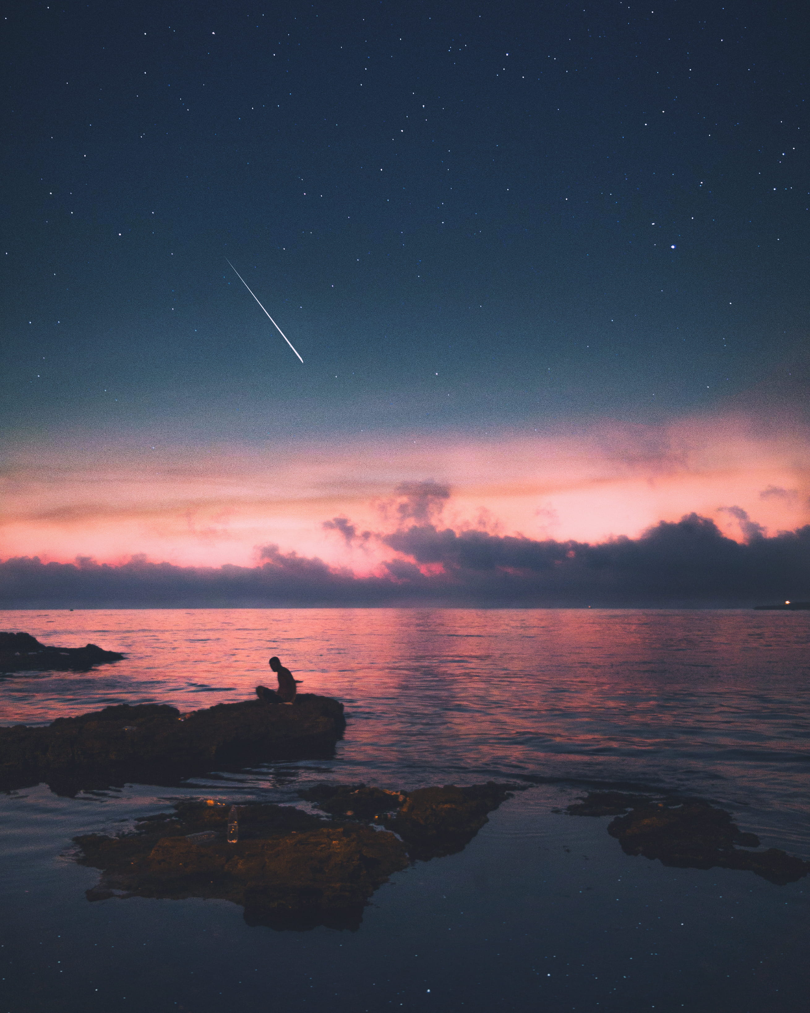 real people, sunset, astronomy, star, shooting, outdoors, night, scenics - nature, nature, orange color, tranquility, sea, beauty in nature, waterfront, Phone HD Wallpaper