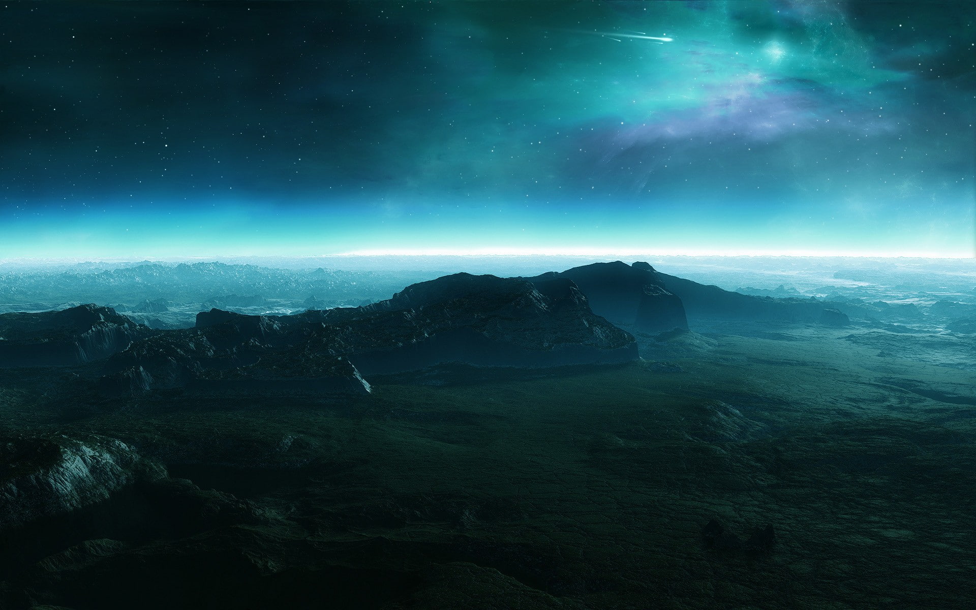 1080P, grass, mountains, stars, green, space, aurorae, blue, shooting stars, HD Wallpaper