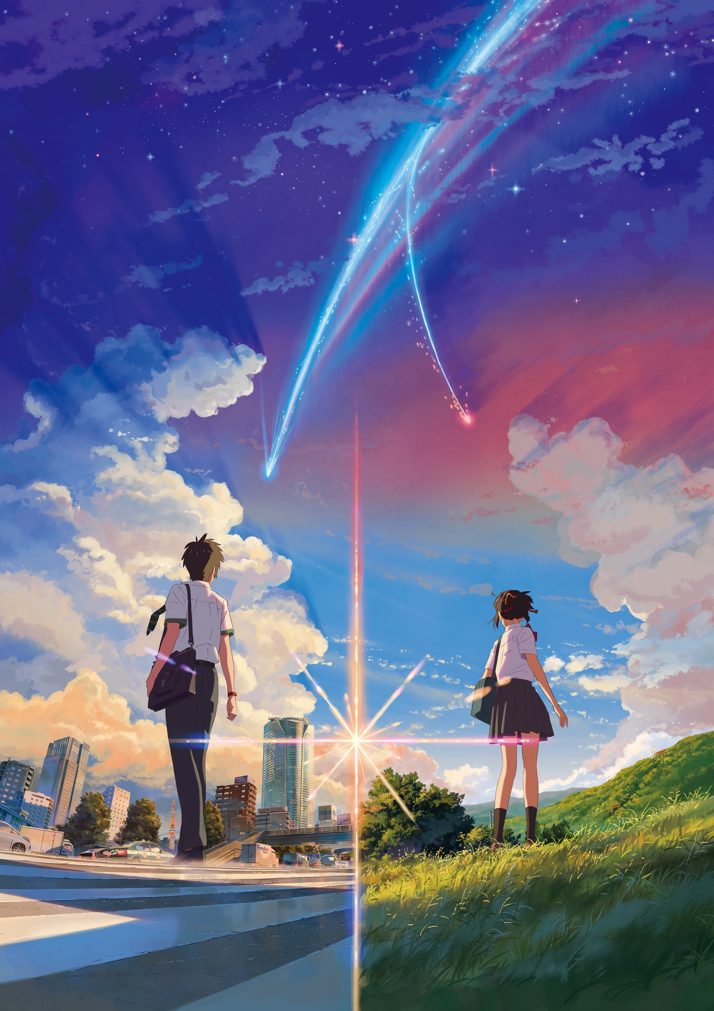 street, knee-highs, landscape, Miyamizu Mitsuha, Tachibana Taki, 2K, anime, clouds, anime girls, skirt, grass, sky, Kimi no Na Wa, Phone HD Wallpaper