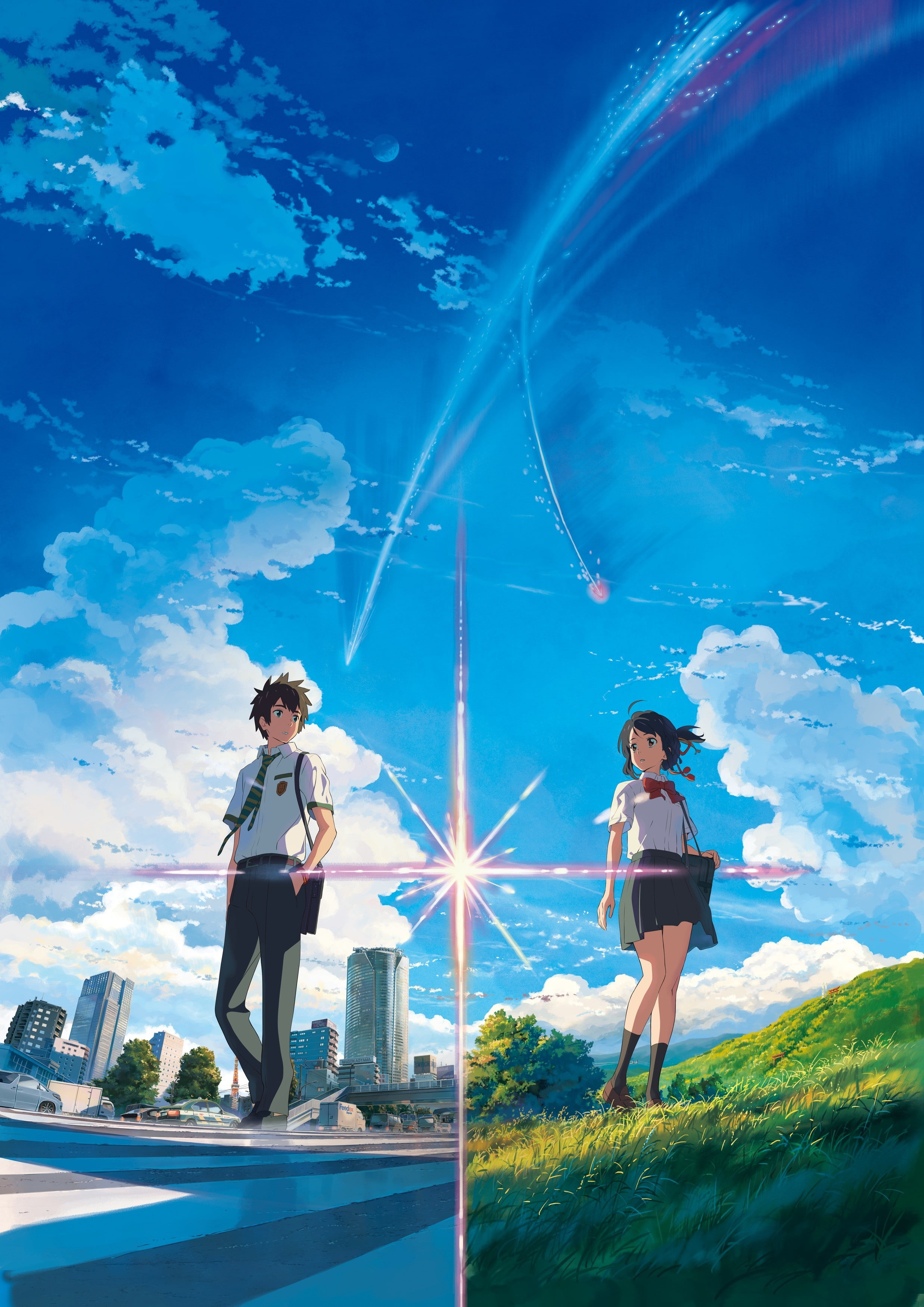 landscape, clouds, 2K, Tachibana Taki, street, anime girls, sky, grass, Kimi no Na Wa, anime, Miyamizu Mitsuha, knee-highs, skirt, Phone HD Wallpaper