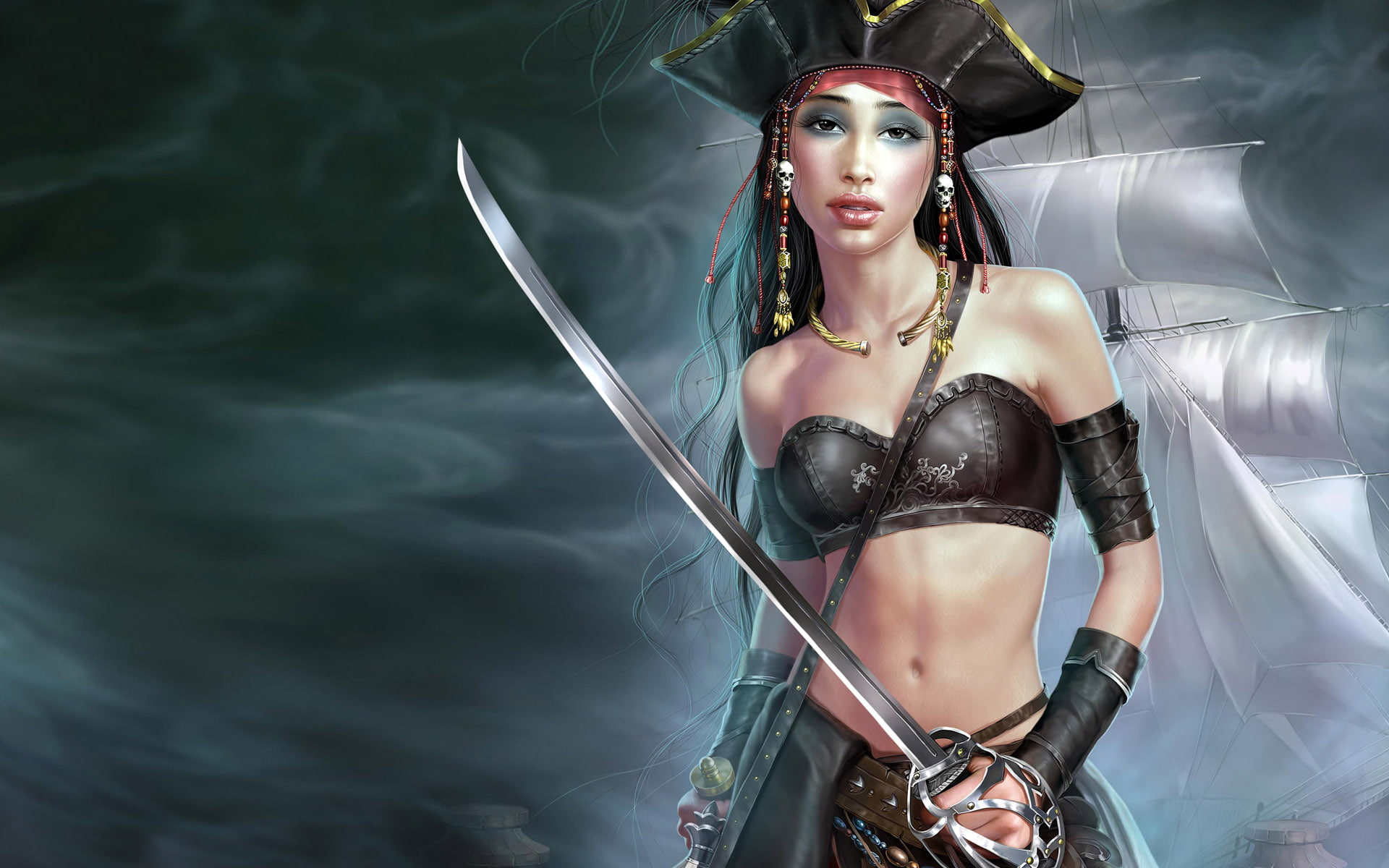 hd, 1080P, girl, woman, pirate, fortune, sword, miss, digital/artwork, HD Wallpaper