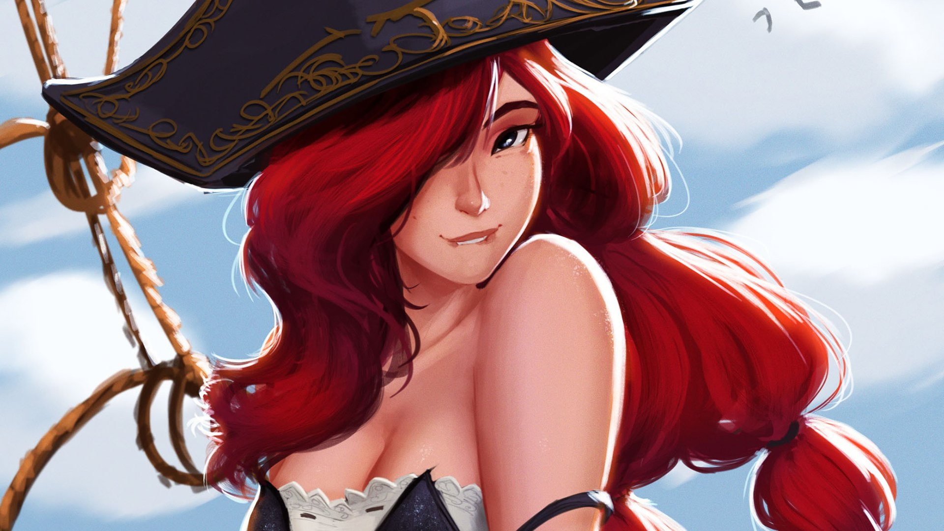 women, adult, Miss Fortune (League Of Legends), Pirate, Woman, 1080P, sky, clothing, beautiful woman, Redhead, females, cloud - sky, one person, happiness, HD Wallpaper