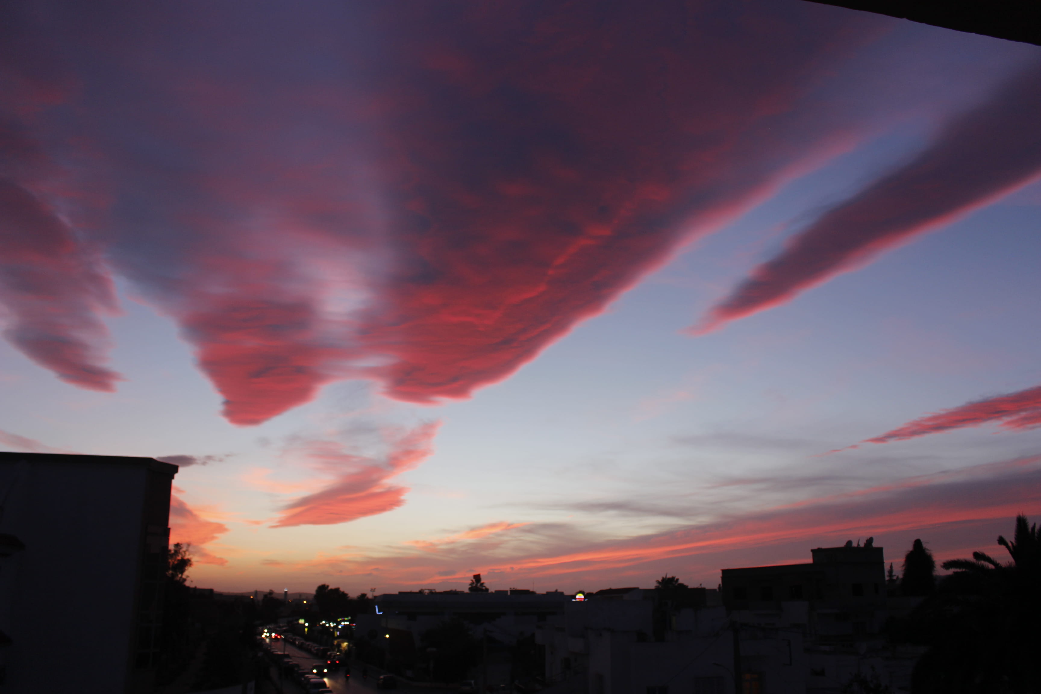 dramatic sky, beauty in nature, orange color, romantic sky, bardo, building exterior, dusk, tunisia, built structure, low angle view, cityscape, sky, 2K, HD Wallpaper