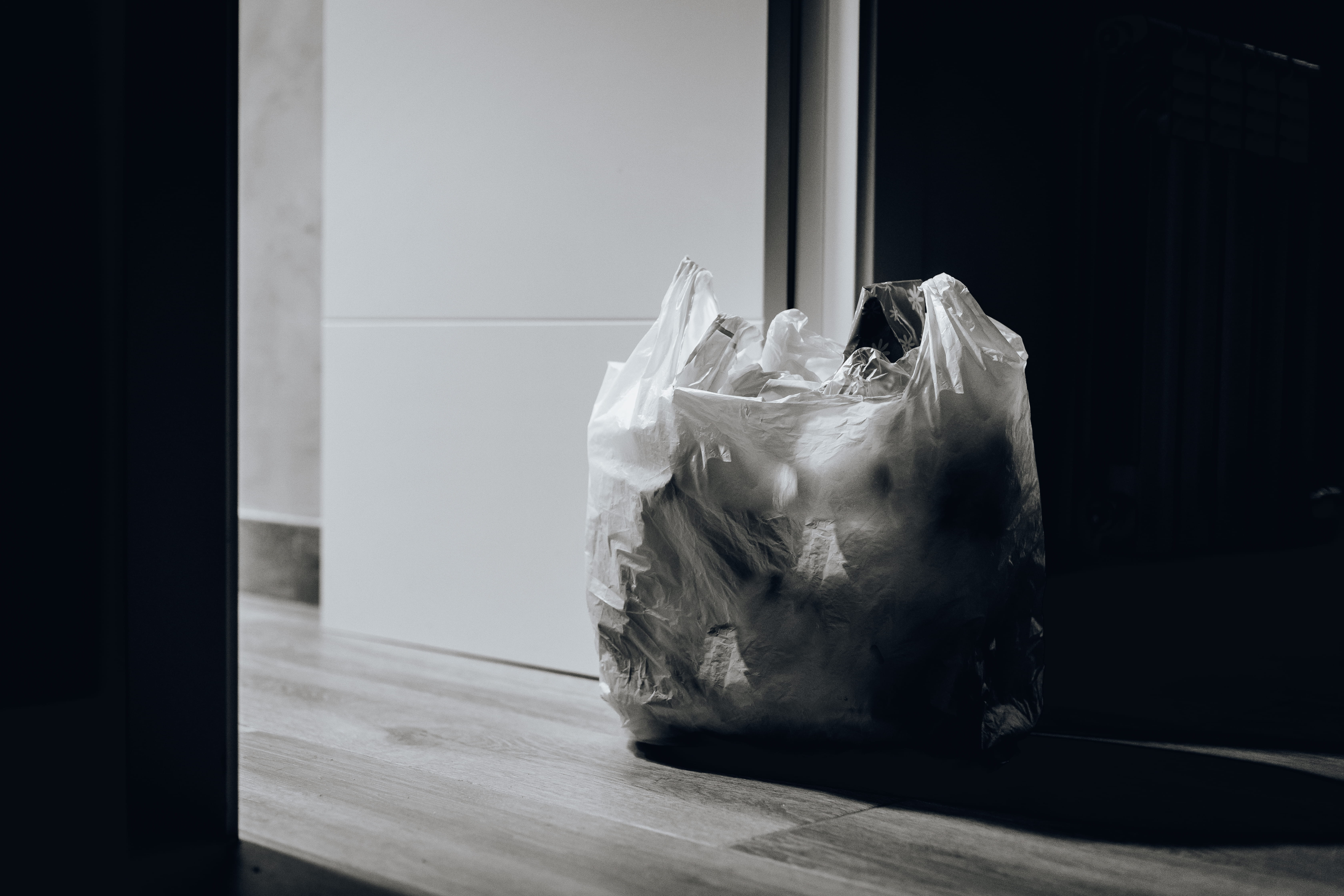 trash, polythene, day, full, garbage, black and white, glass - material, close-up, near, flooring, pollution, garbage bag, 5K, black-, container, indoors, HD Wallpaper