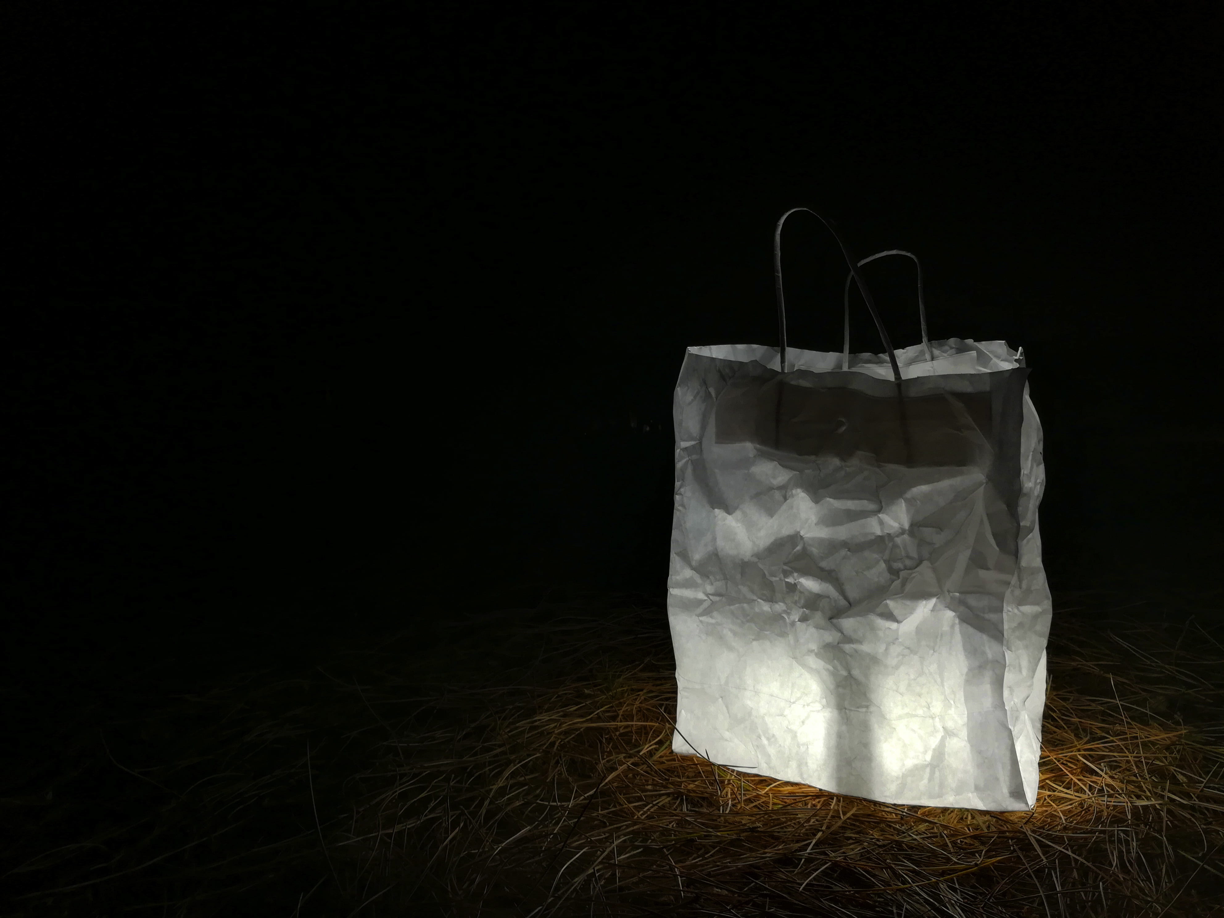 atmosphere, no people, plastic, black background, nature, studio shot, night, still life, crumpled, container, shopping bag, paper bag, close-up, lights, HD Wallpaper