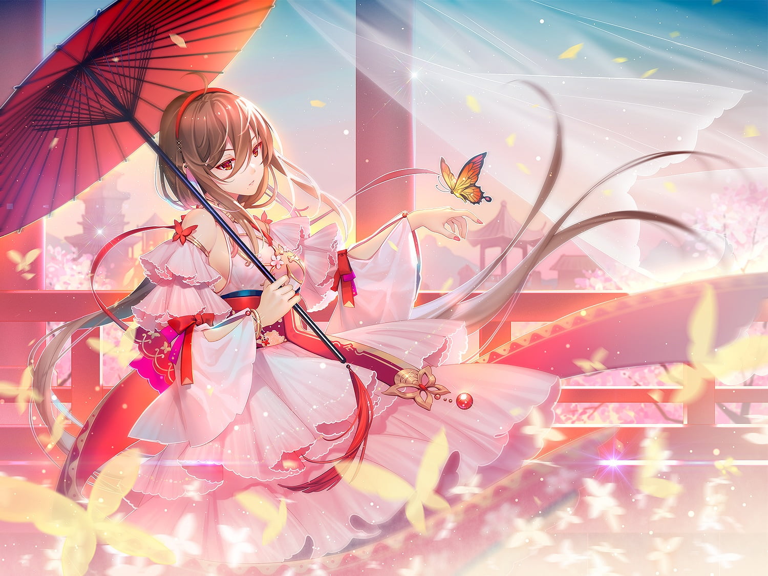 artwork, bow, umbrella, Yuezheng Ling, brunette, butterfly, 720P, digital art, Vocaloid China, Vocaloid, HD Wallpaper